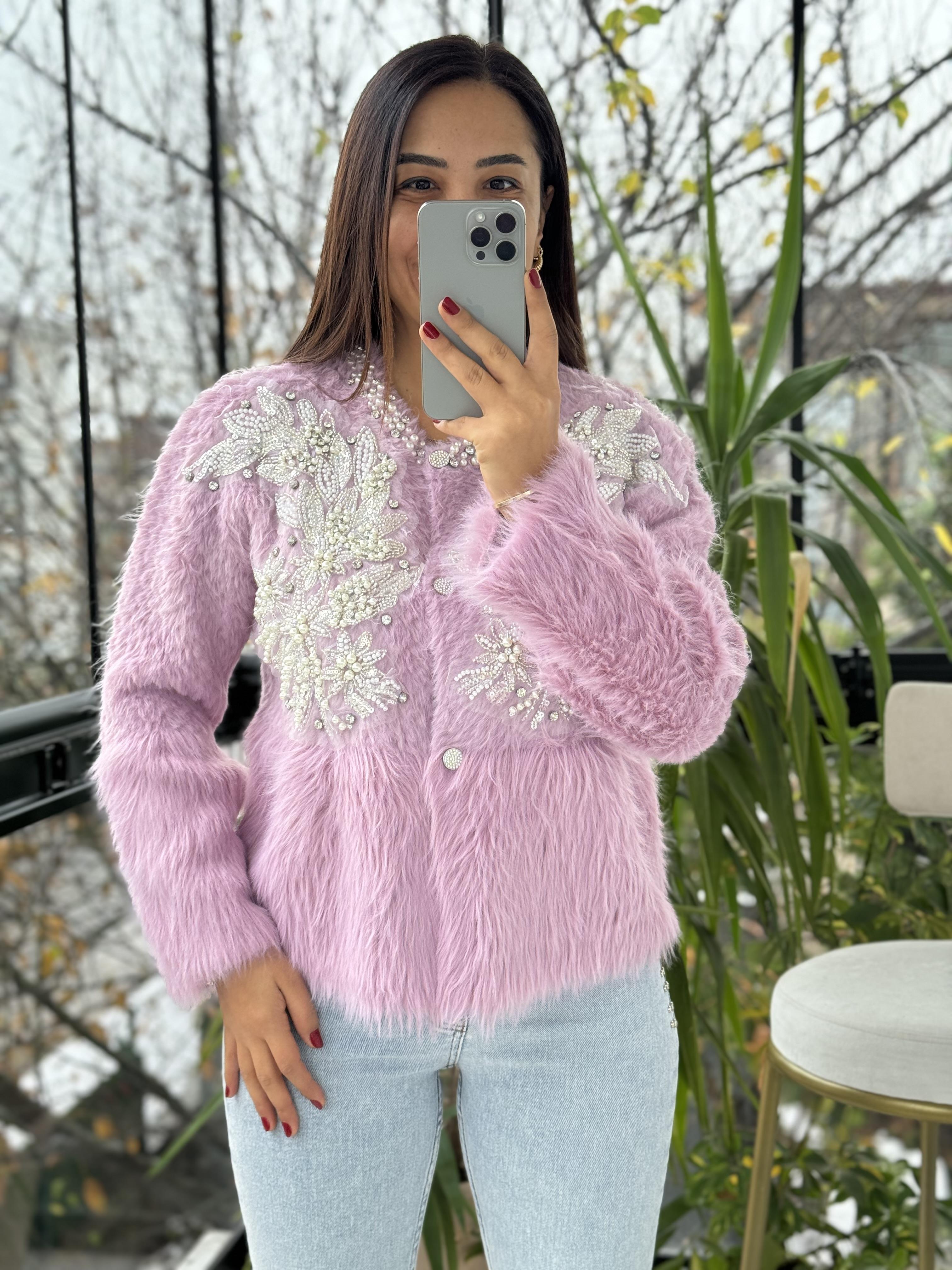 İthal Omzu İncili Hırka Kazak Mor