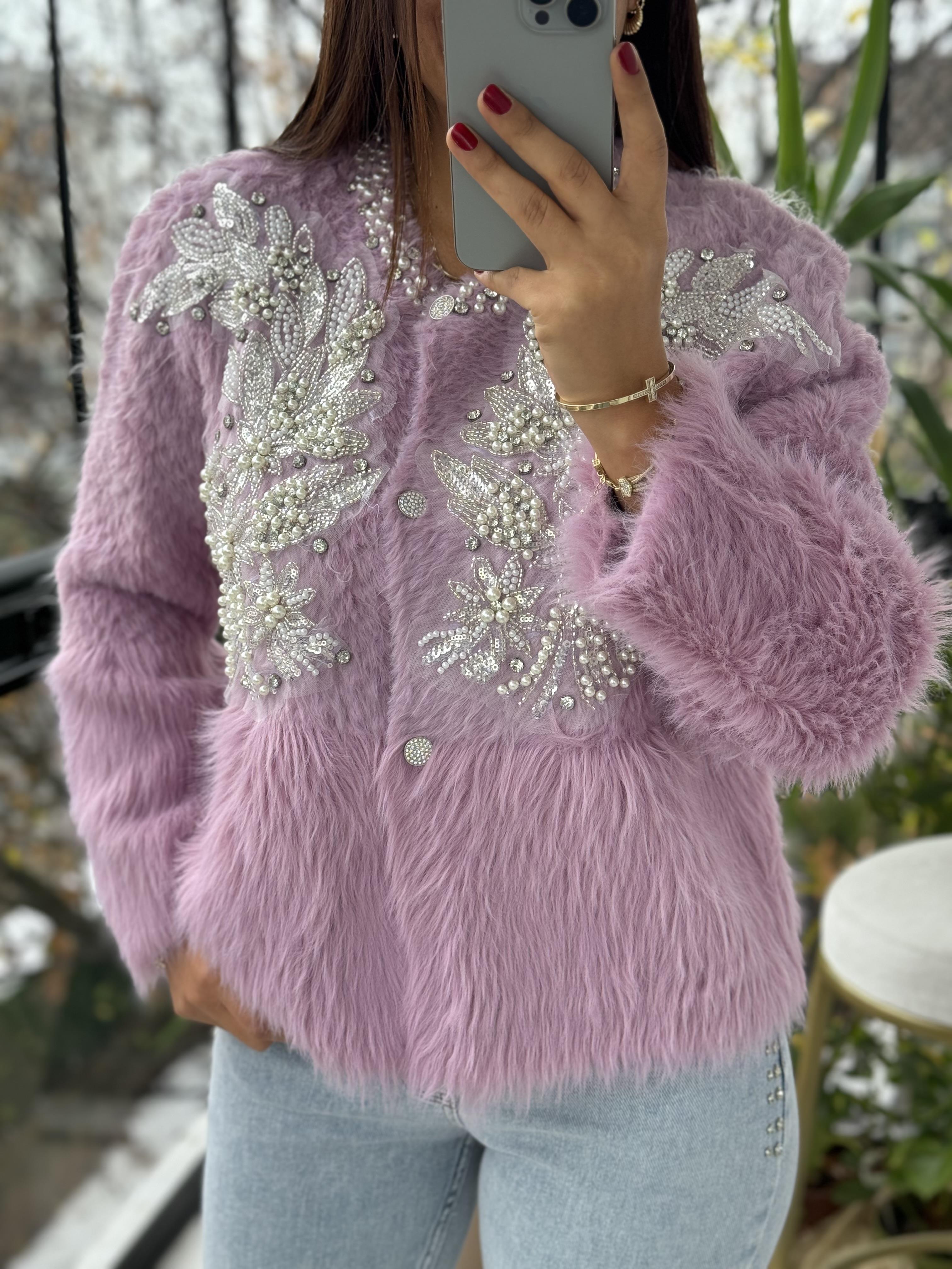 İthal Omzu İncili Hırka Kazak Mor