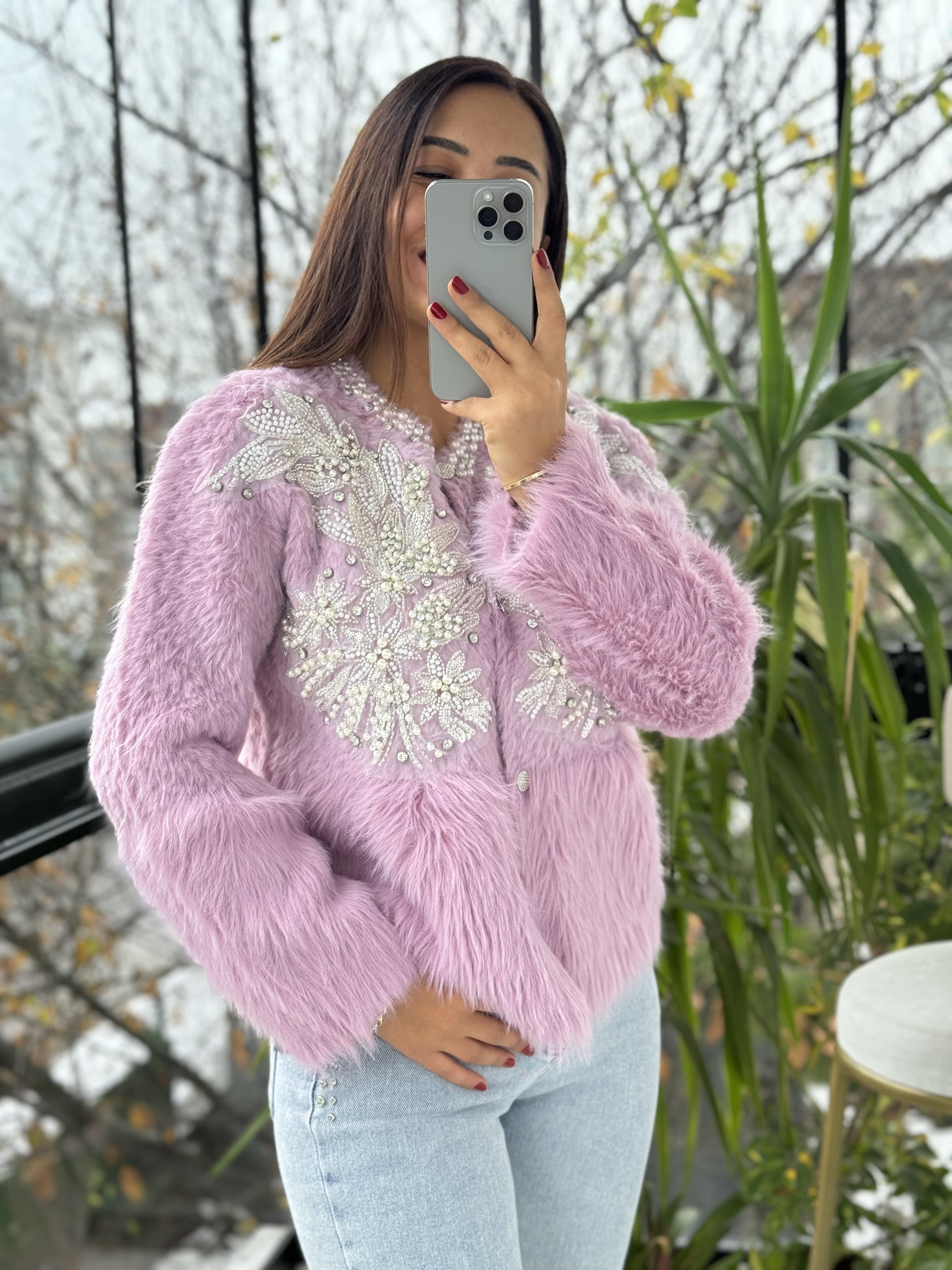 İthal Omzu İncili Hırka Kazak Mor