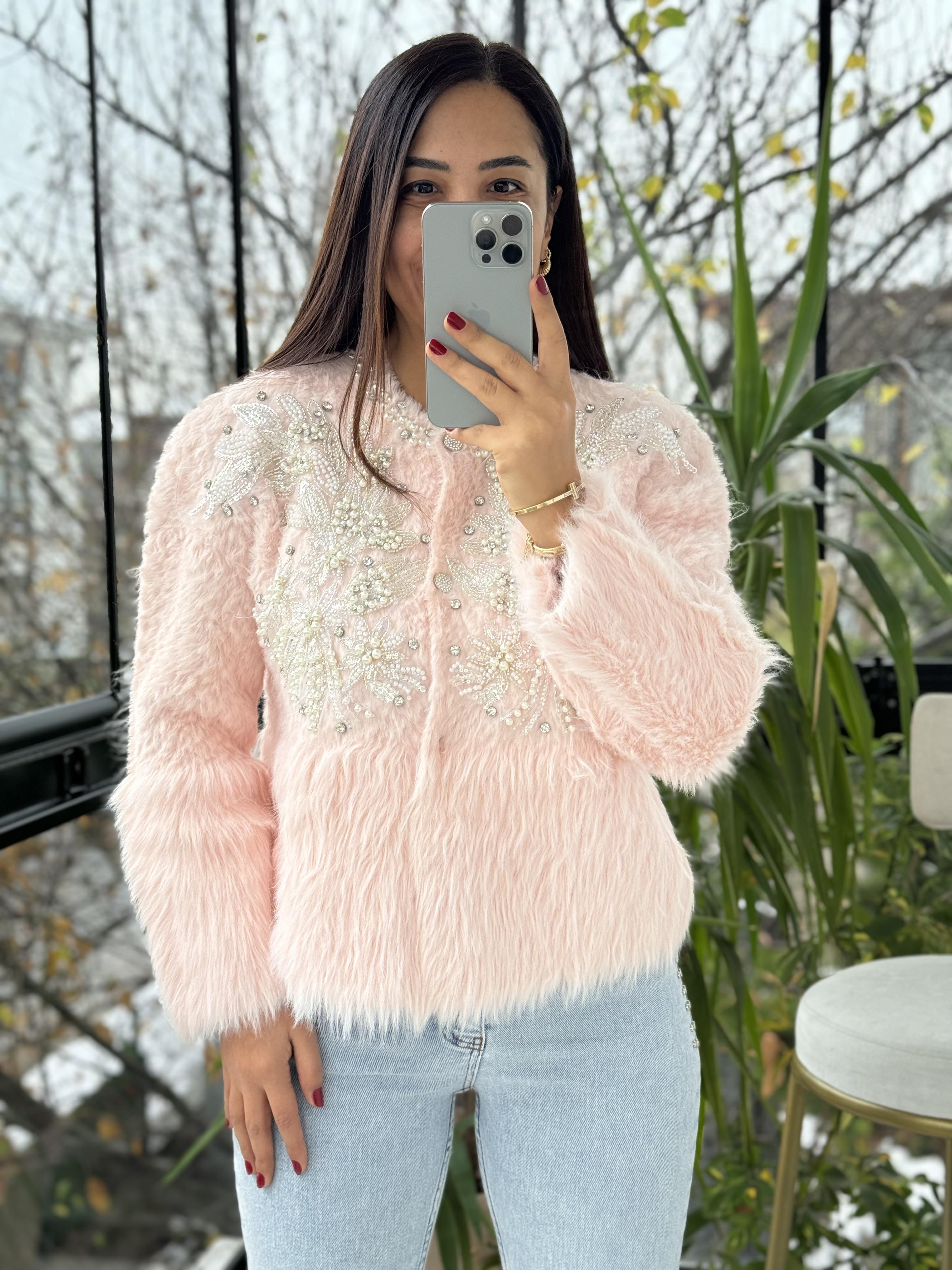 İthal Omzu İncili Hırka Kazak Pembe