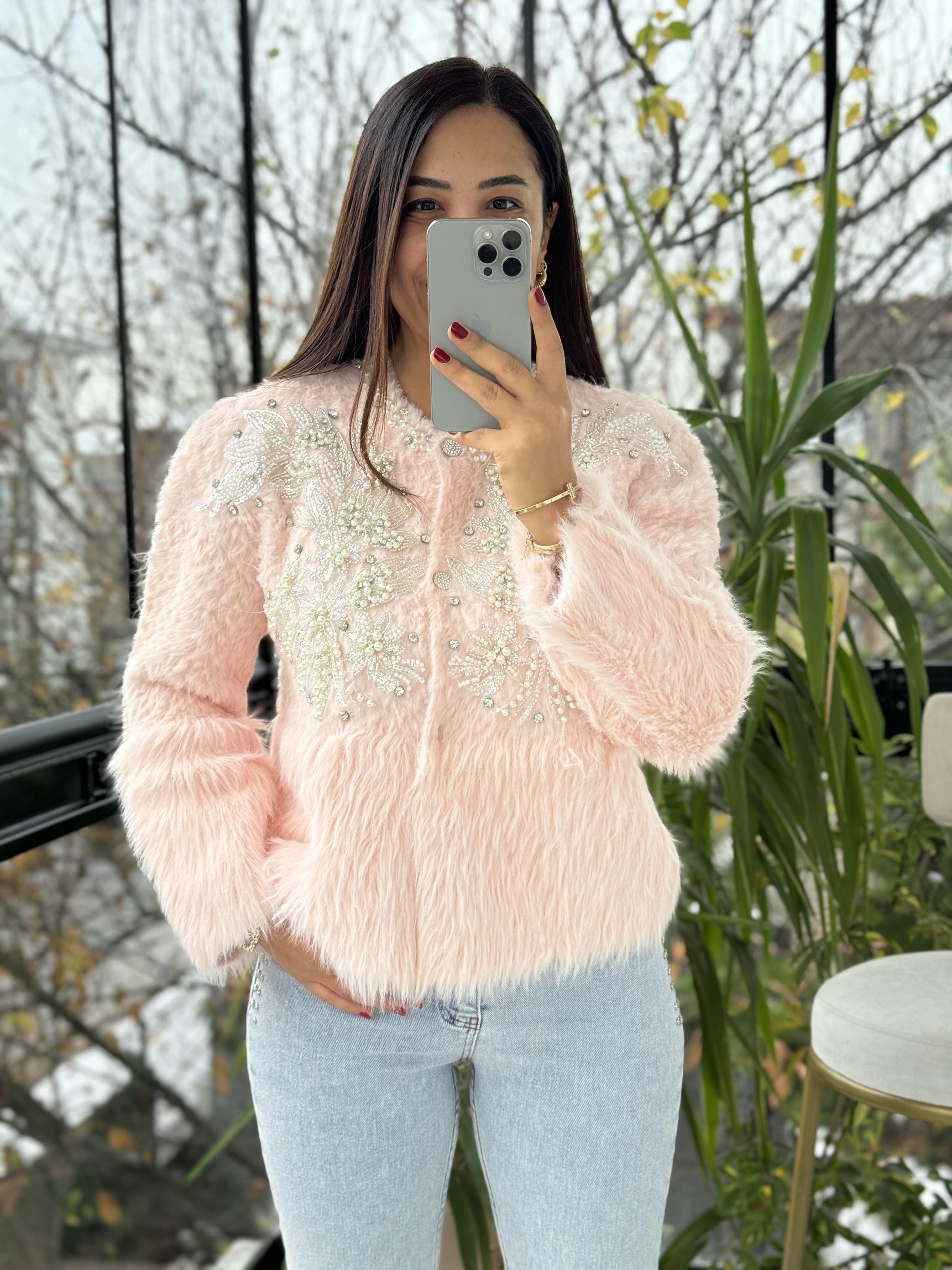 İthal Omzu İncili Hırka Kazak Pembe