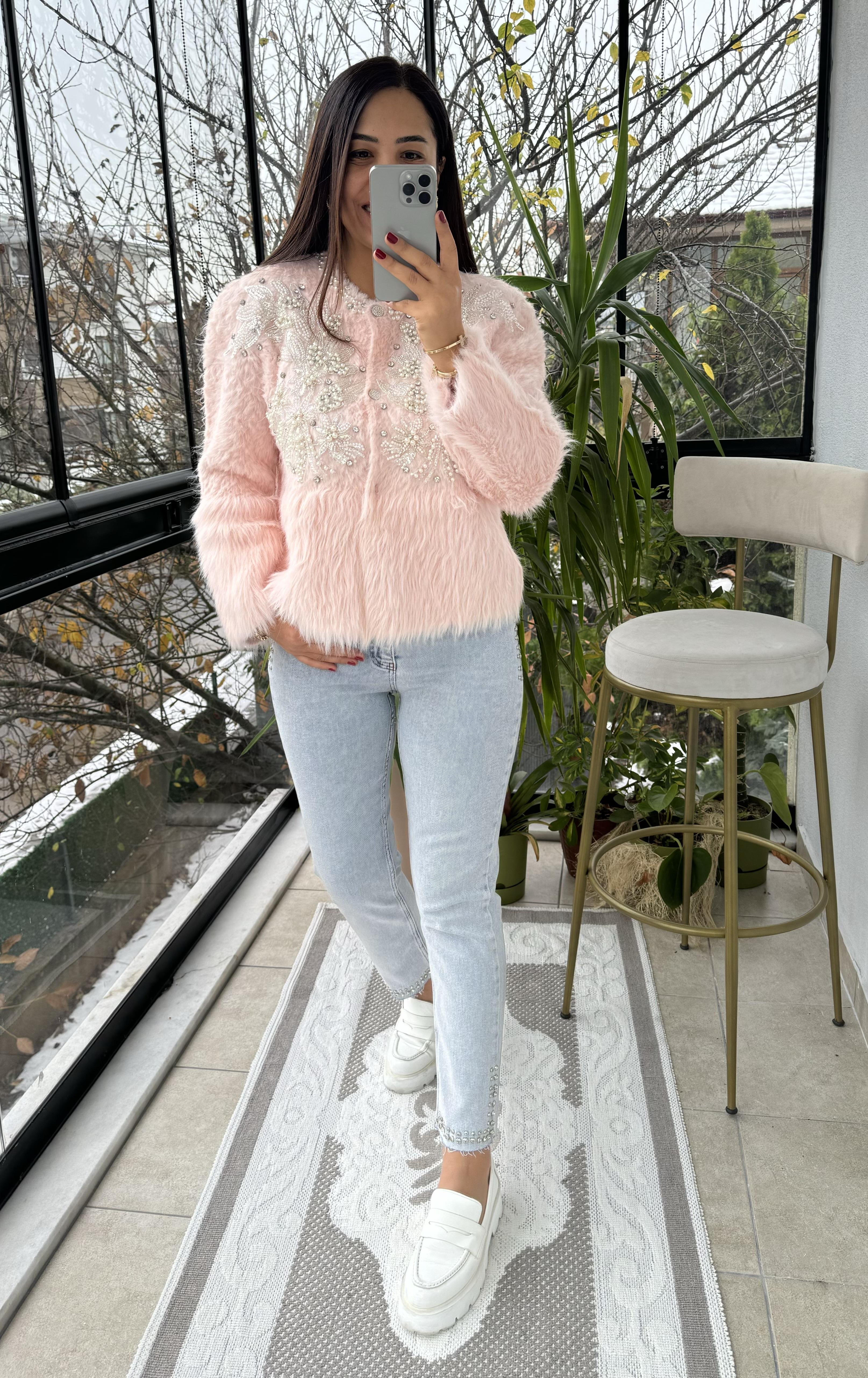 İthal Omzu İncili Hırka Kazak Pembe