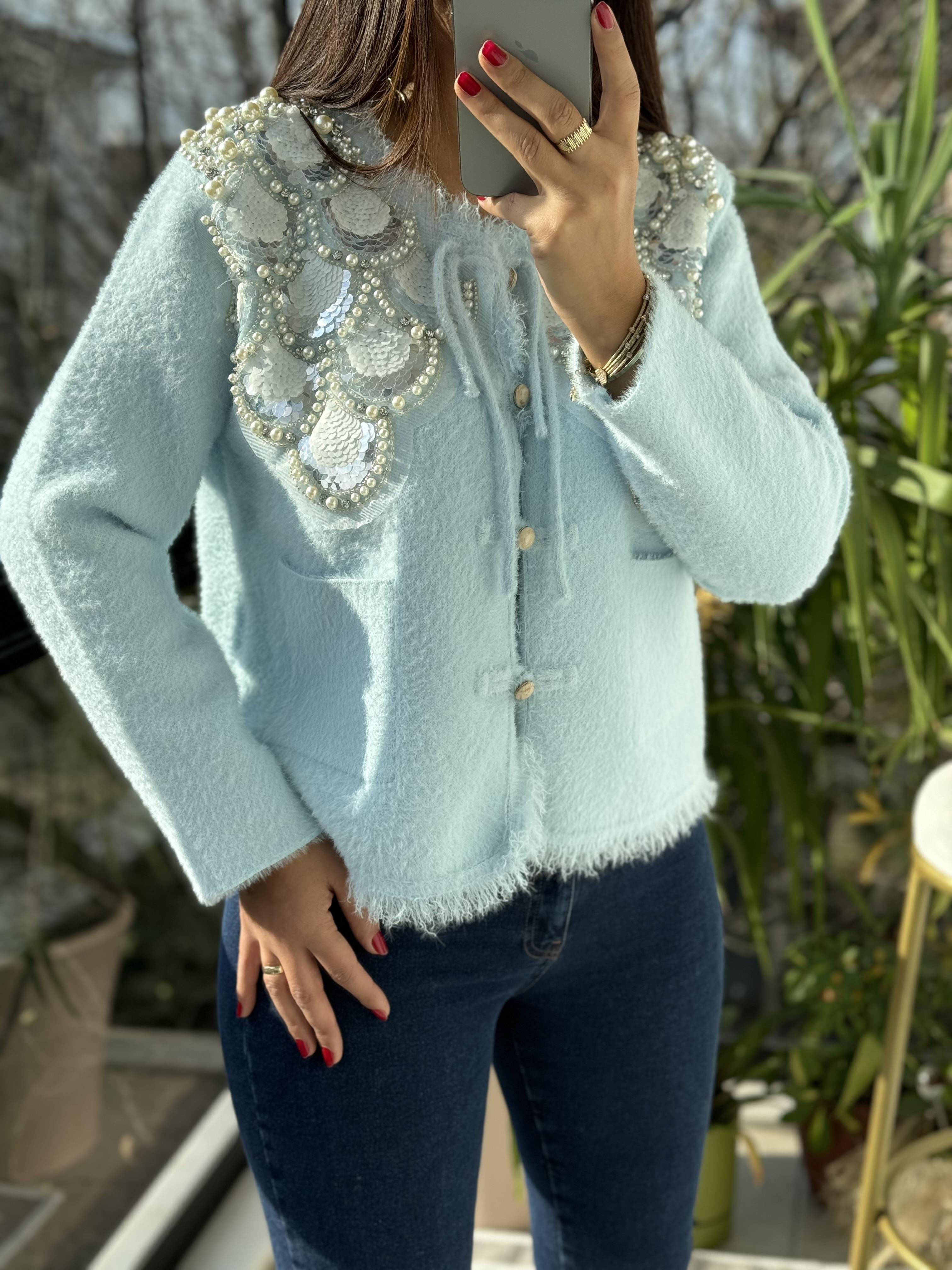 İthal Omzu Payetli Hırka Ceket Bebe Mavi