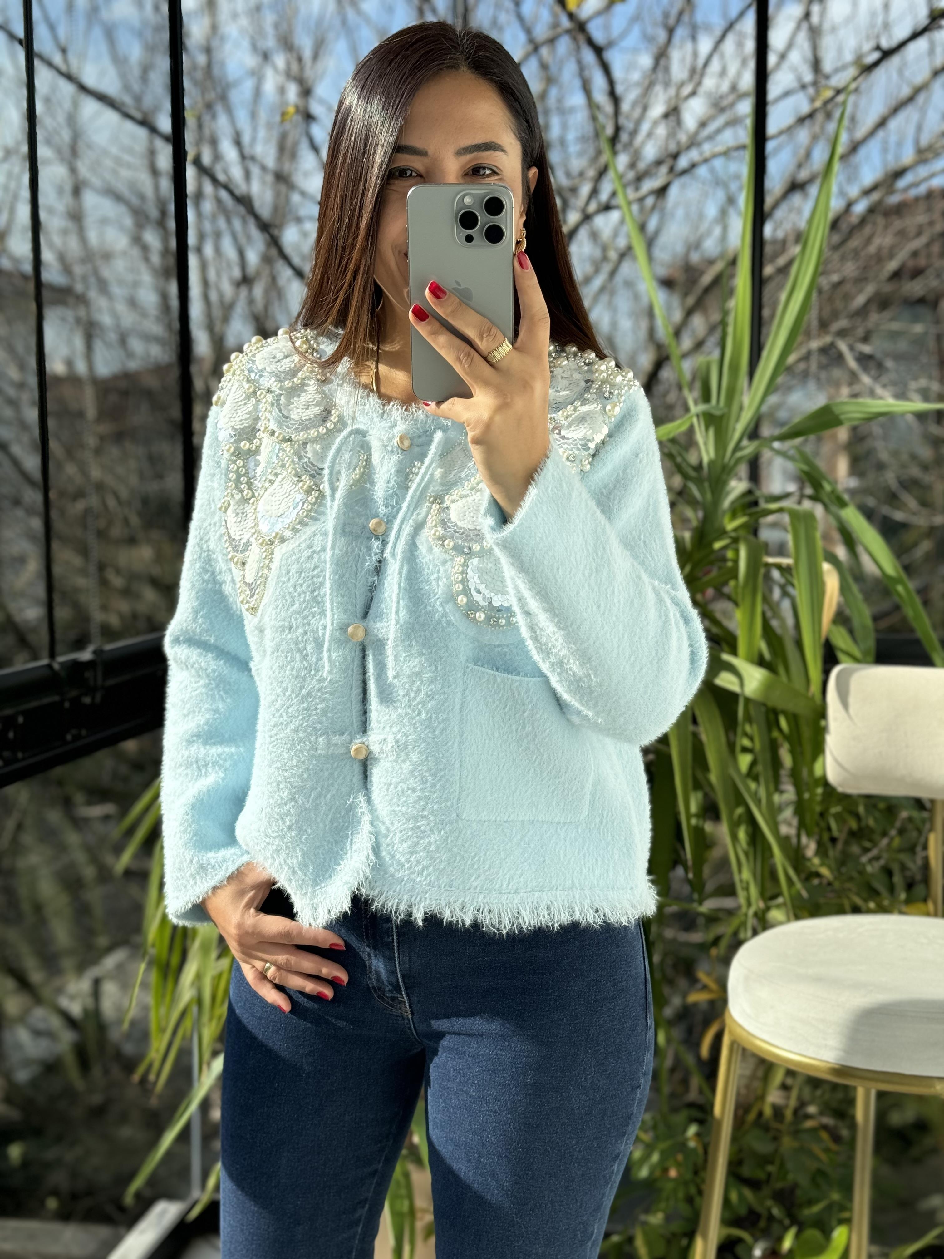 İthal Omzu Payetli Hırka Ceket Bebe Mavi