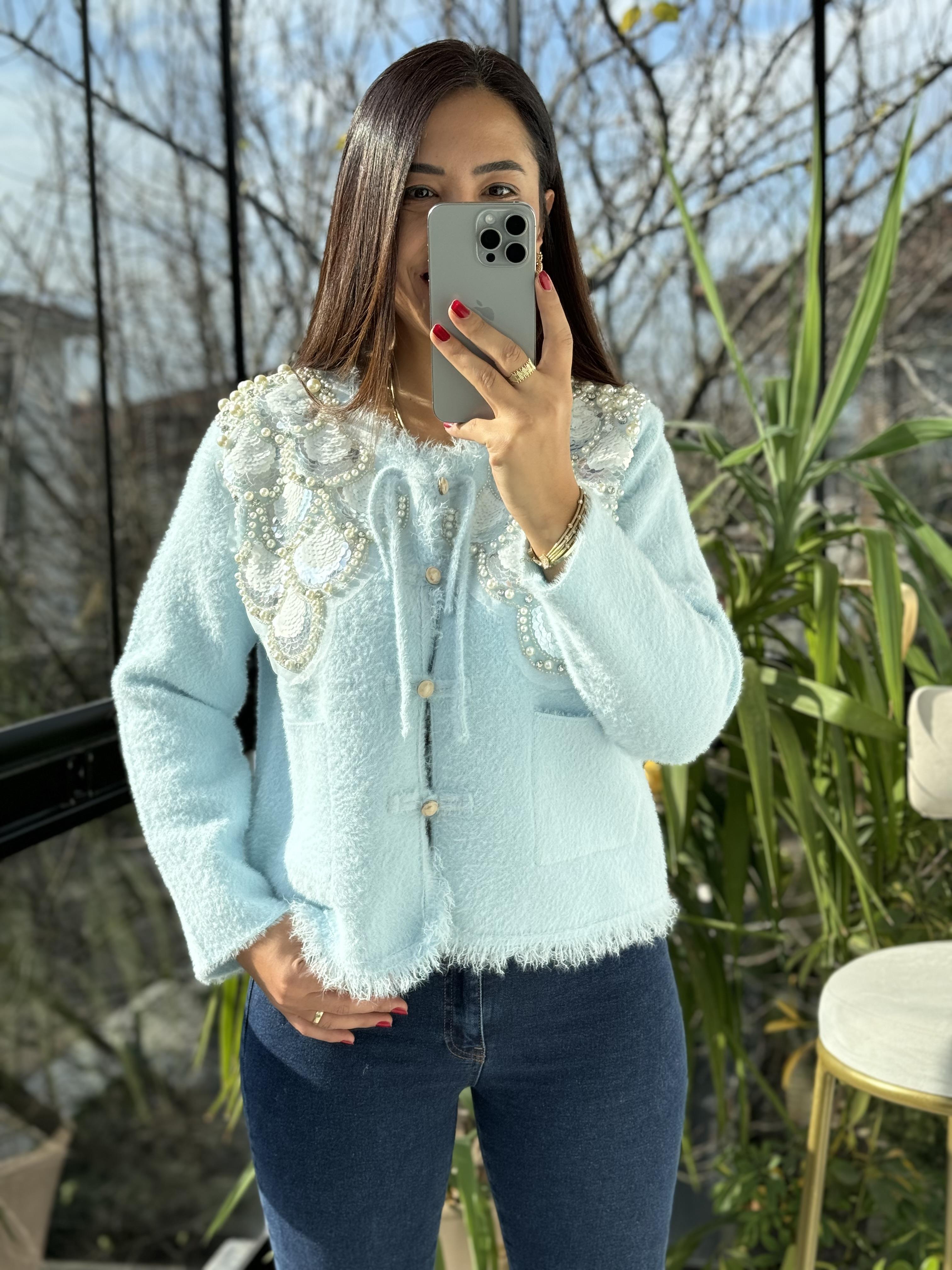 İthal Omzu Payetli Hırka Ceket Bebe Mavi