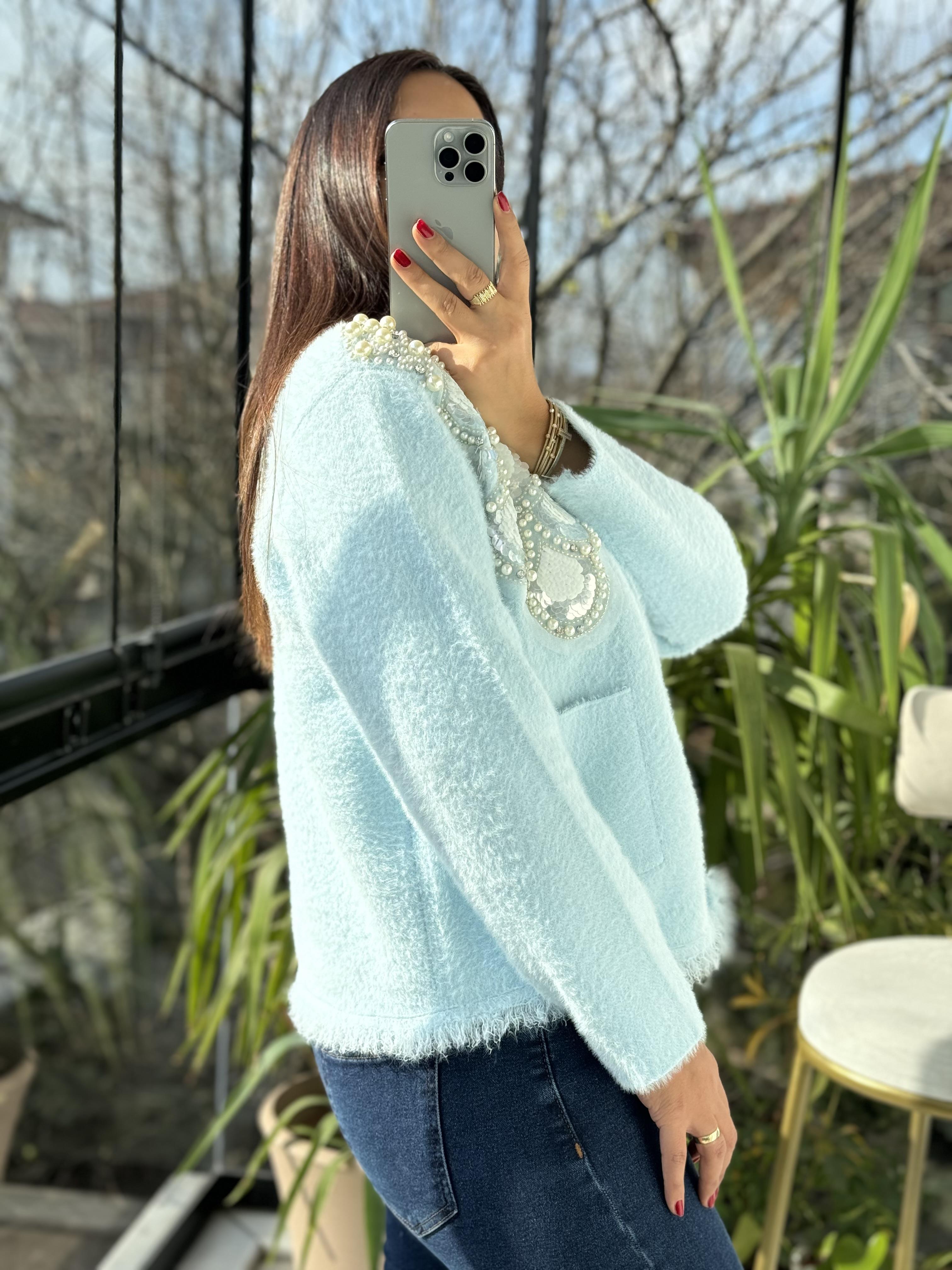 İthal Omzu Payetli Hırka Ceket Bebe Mavi