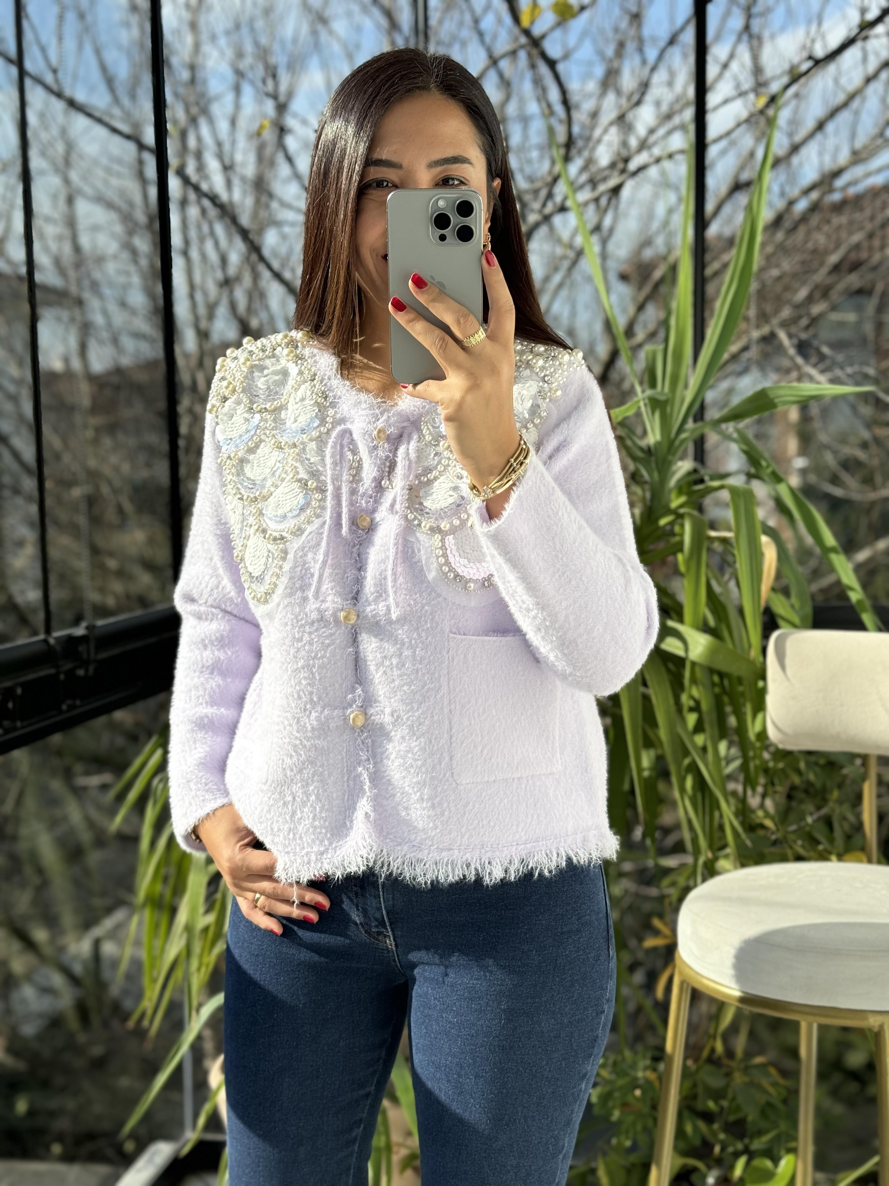 İthal Omzu Payetli Hırka Ceket Lila
