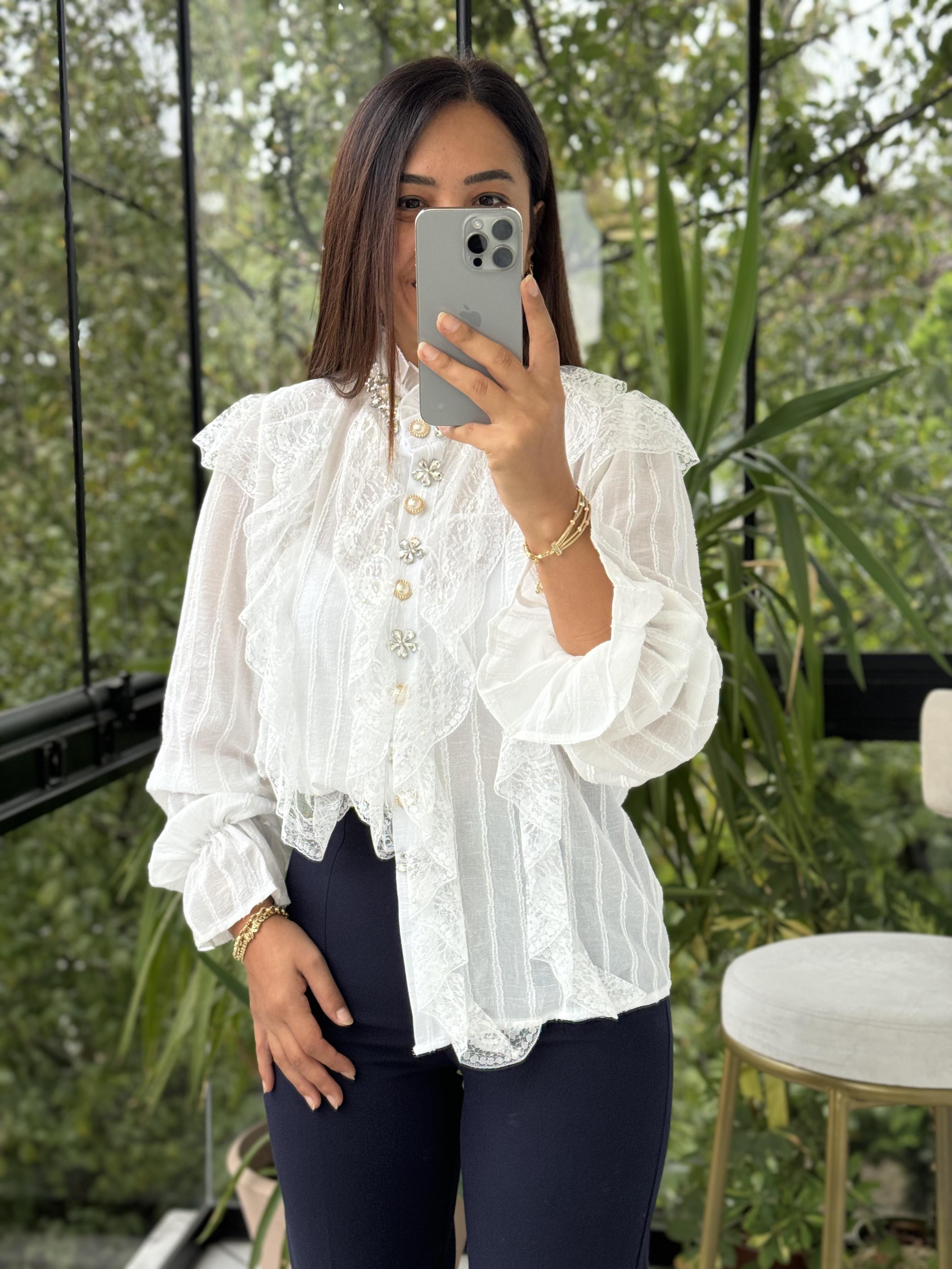 İthal Önü Dantelli Taşlı Bluz Beyaz