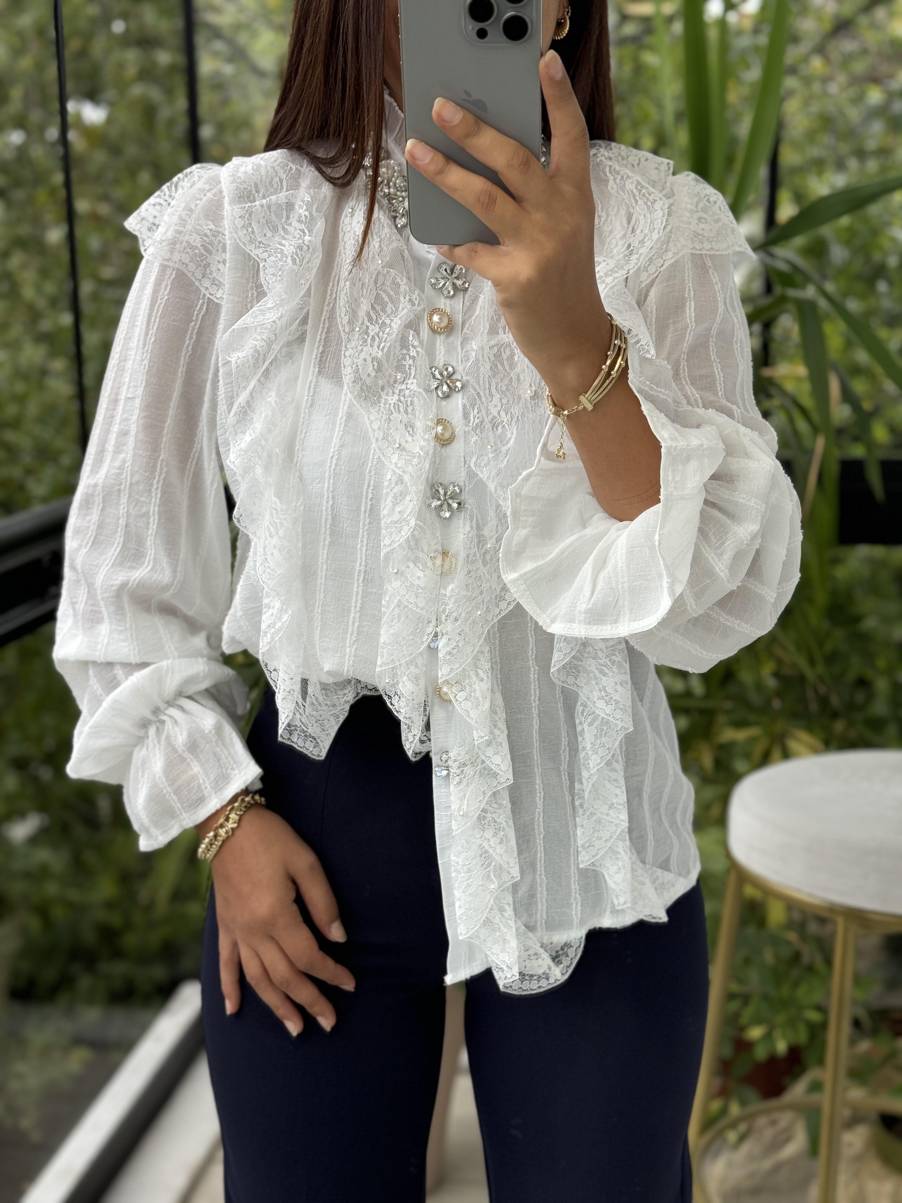 İthal Önü Dantelli Taşlı Bluz Beyaz