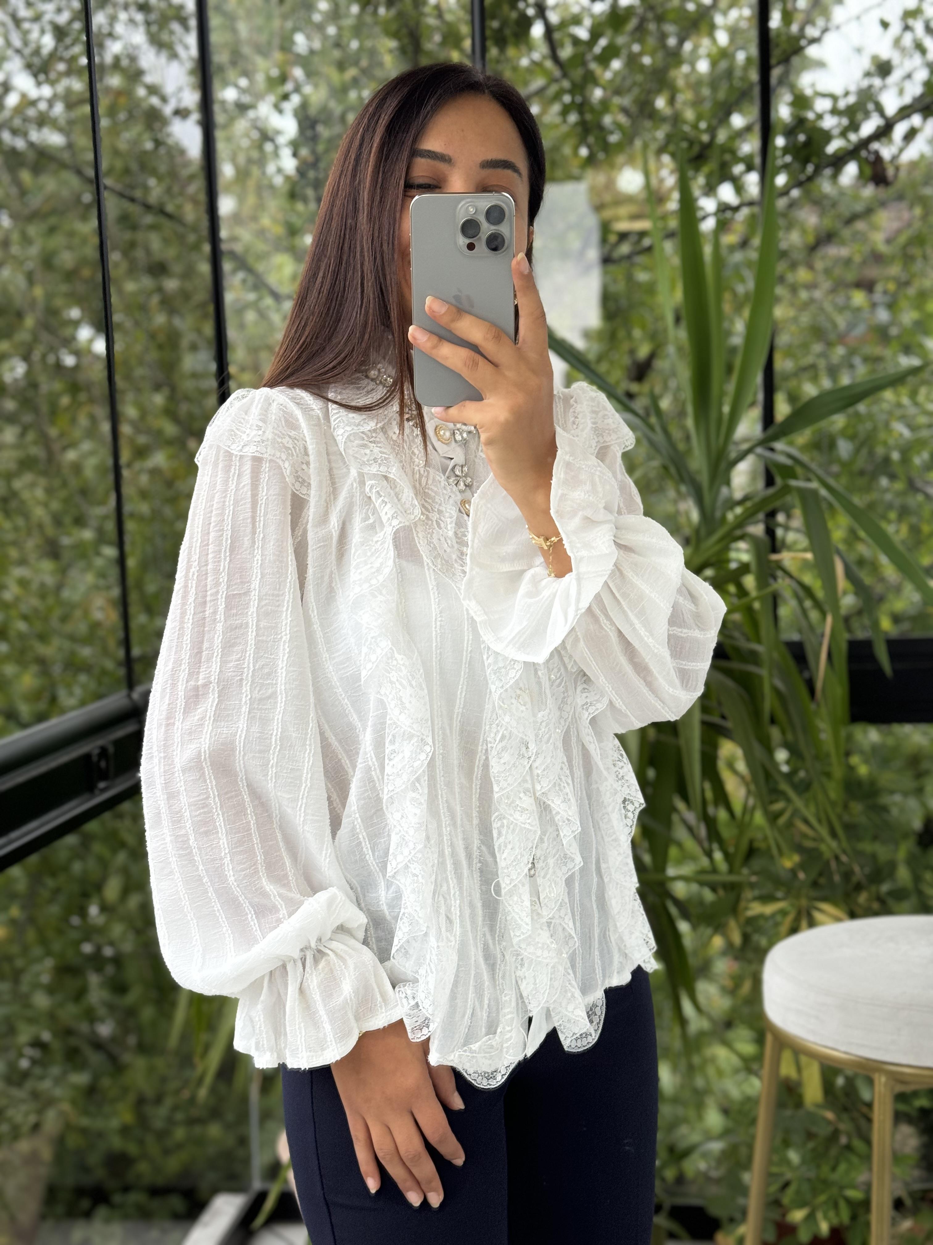 İthal Önü Dantelli Taşlı Bluz Beyaz