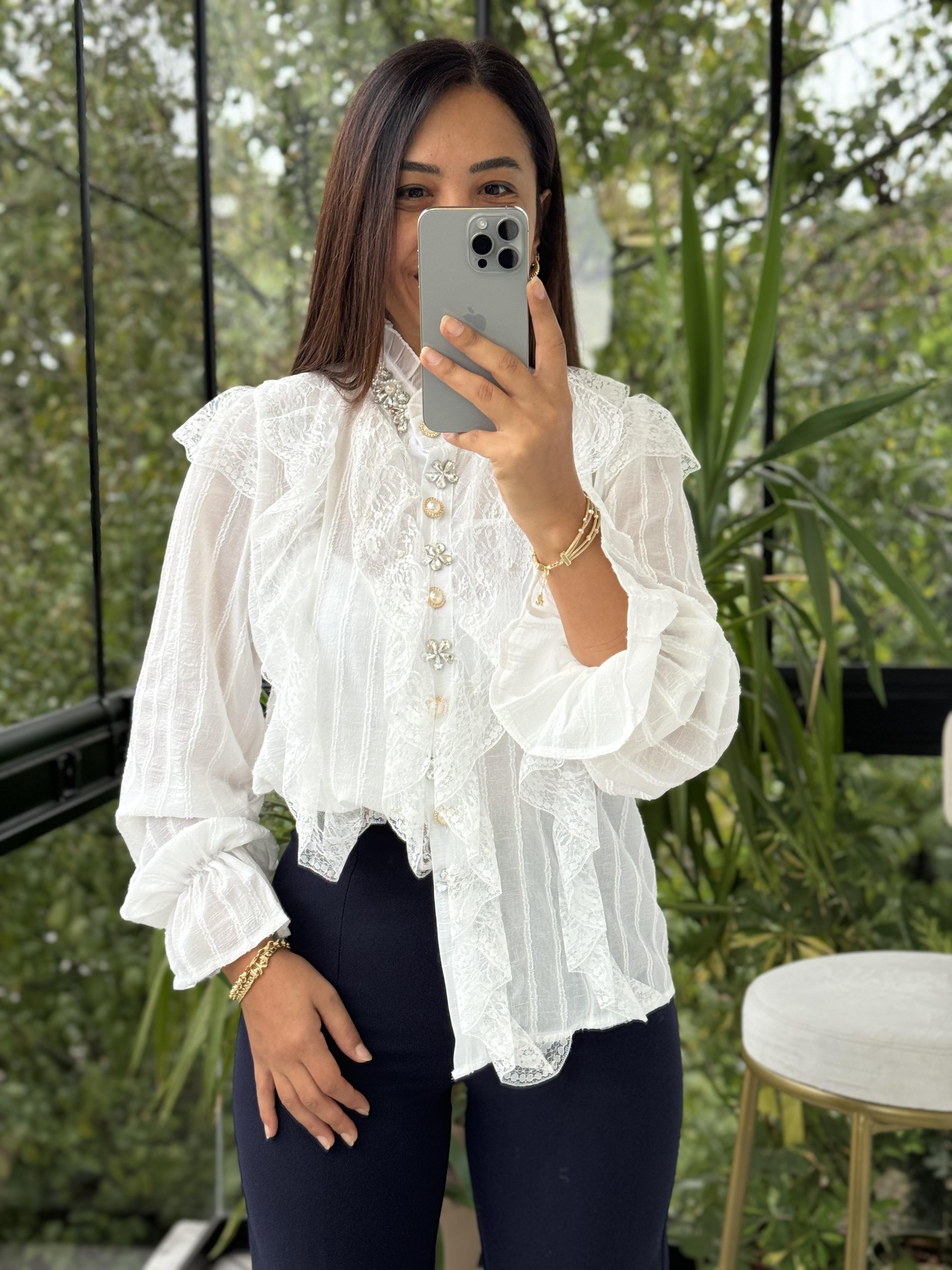 İthal Önü Dantelli Taşlı Bluz Beyaz