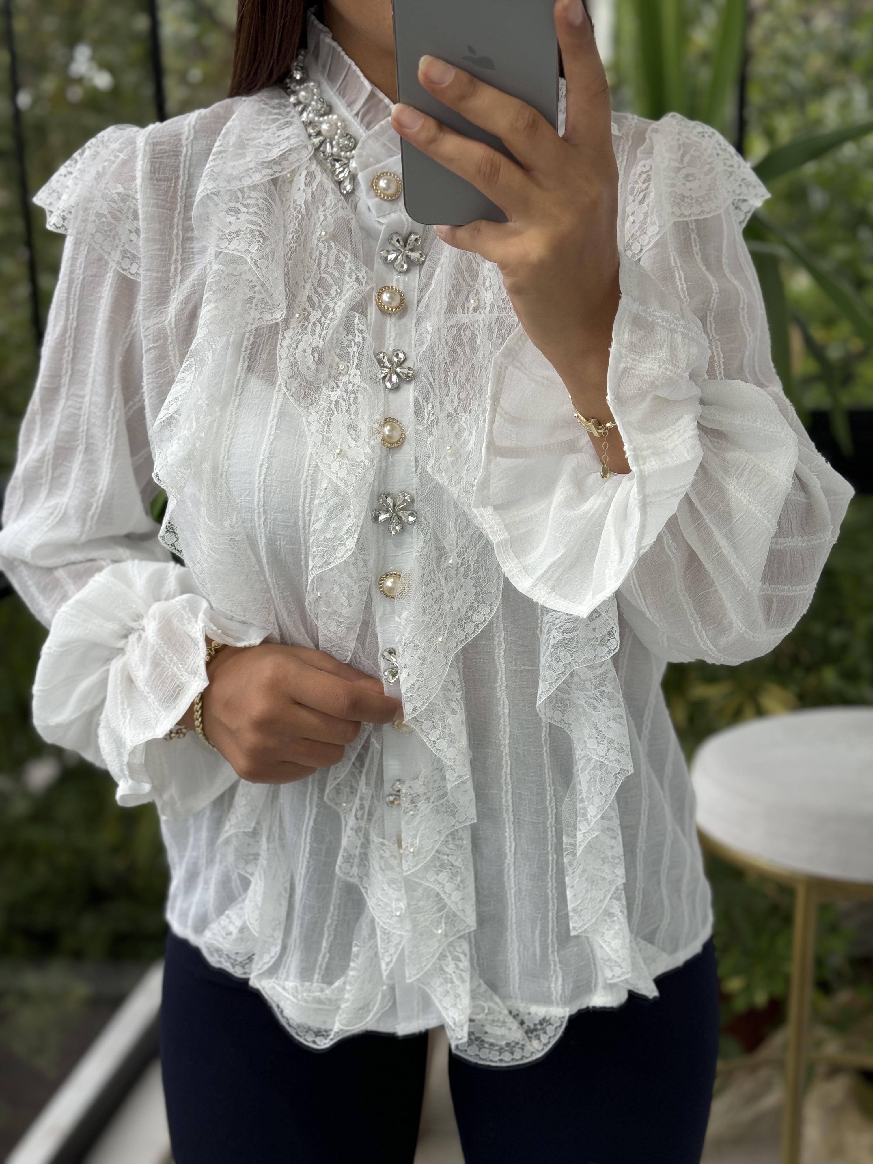 İthal Önü Dantelli Taşlı Bluz Beyaz