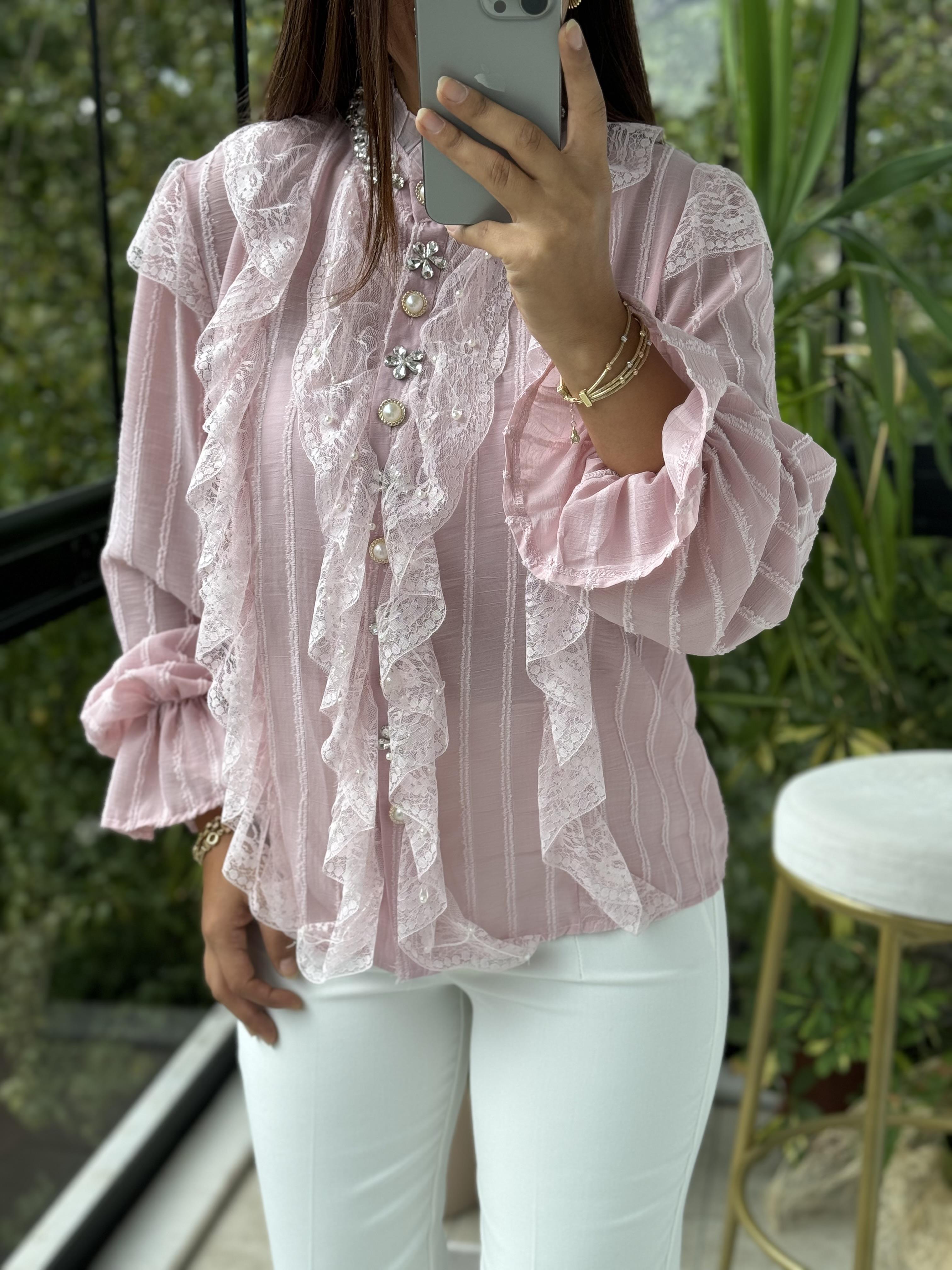 İthal Önü Dantelli Taşlı Bluz Pembe