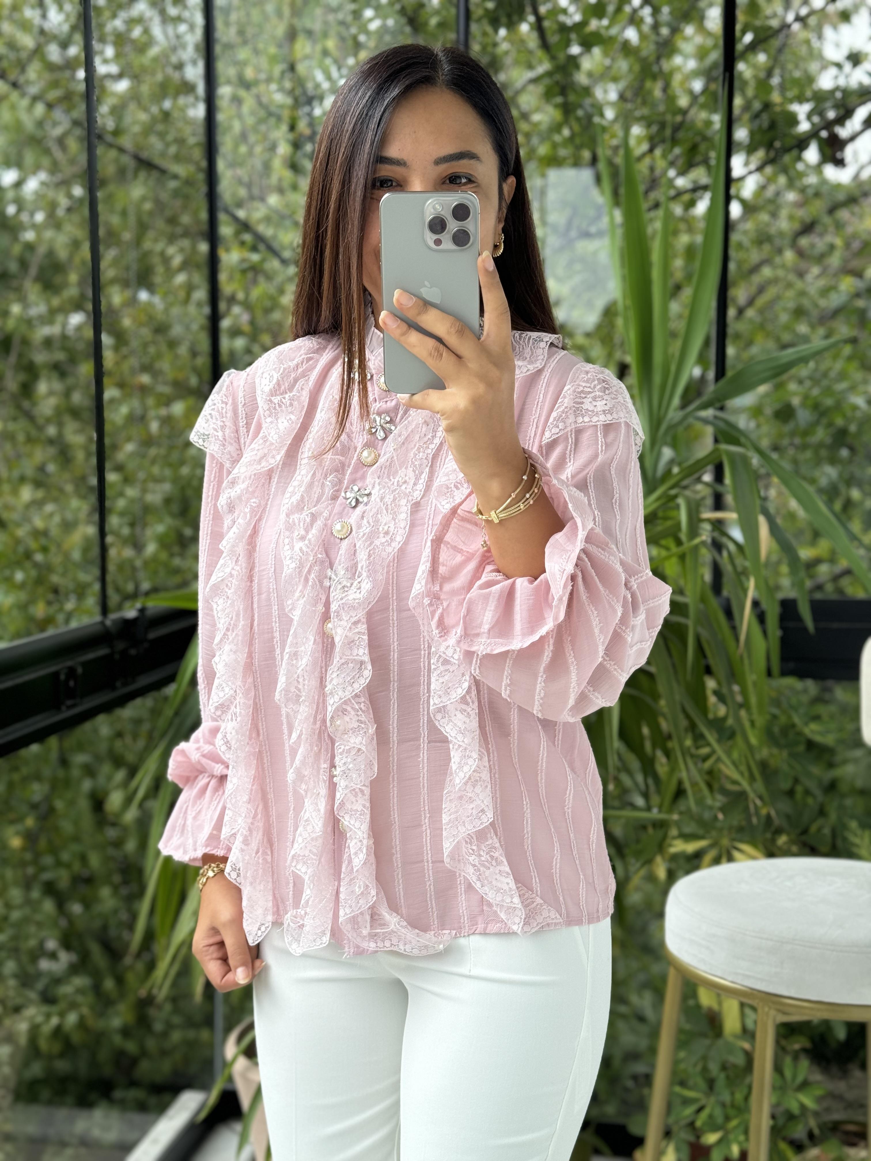 İthal Önü Dantelli Taşlı Bluz Pembe