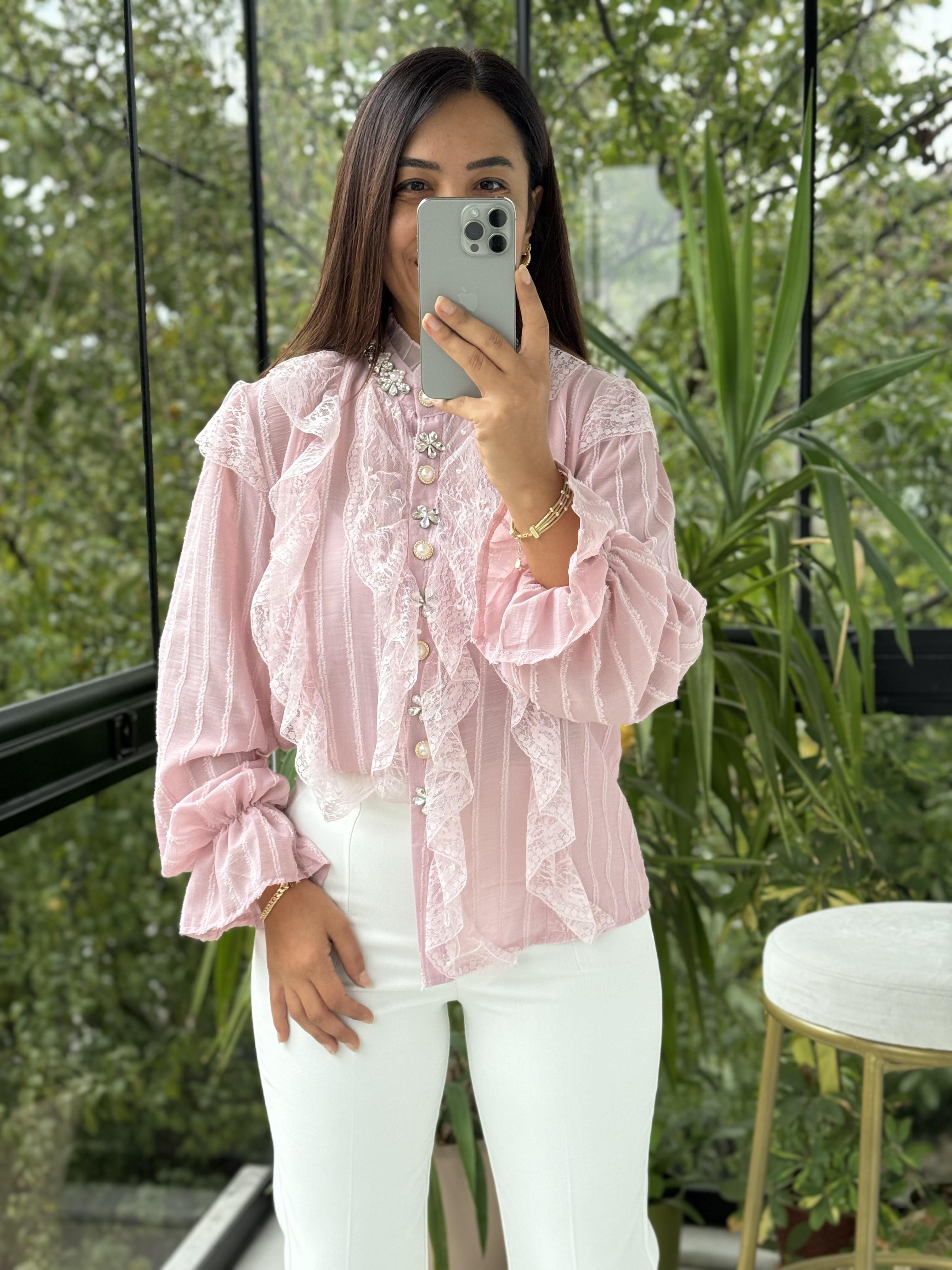 İthal Önü Dantelli Taşlı Bluz Pembe