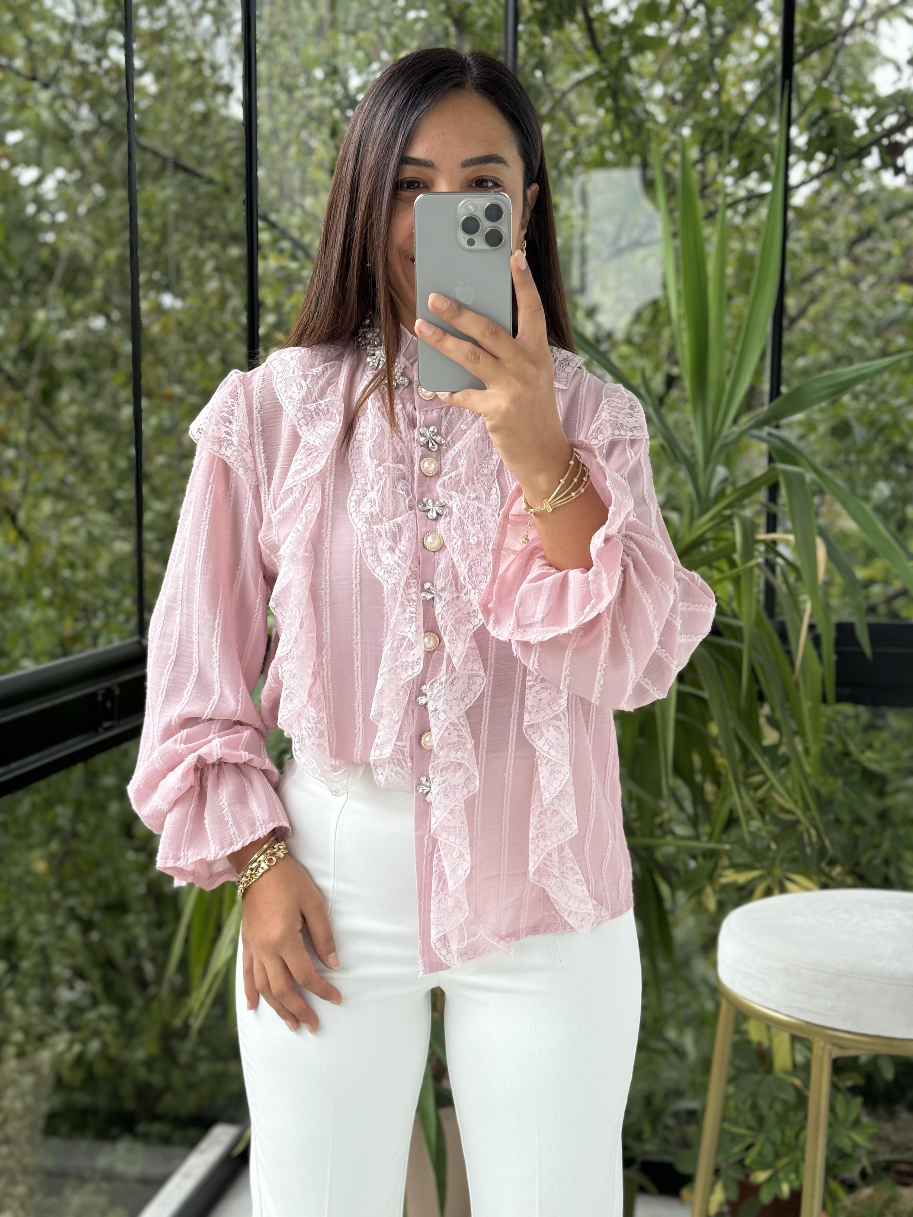 İthal Önü Dantelli Taşlı Bluz Pembe