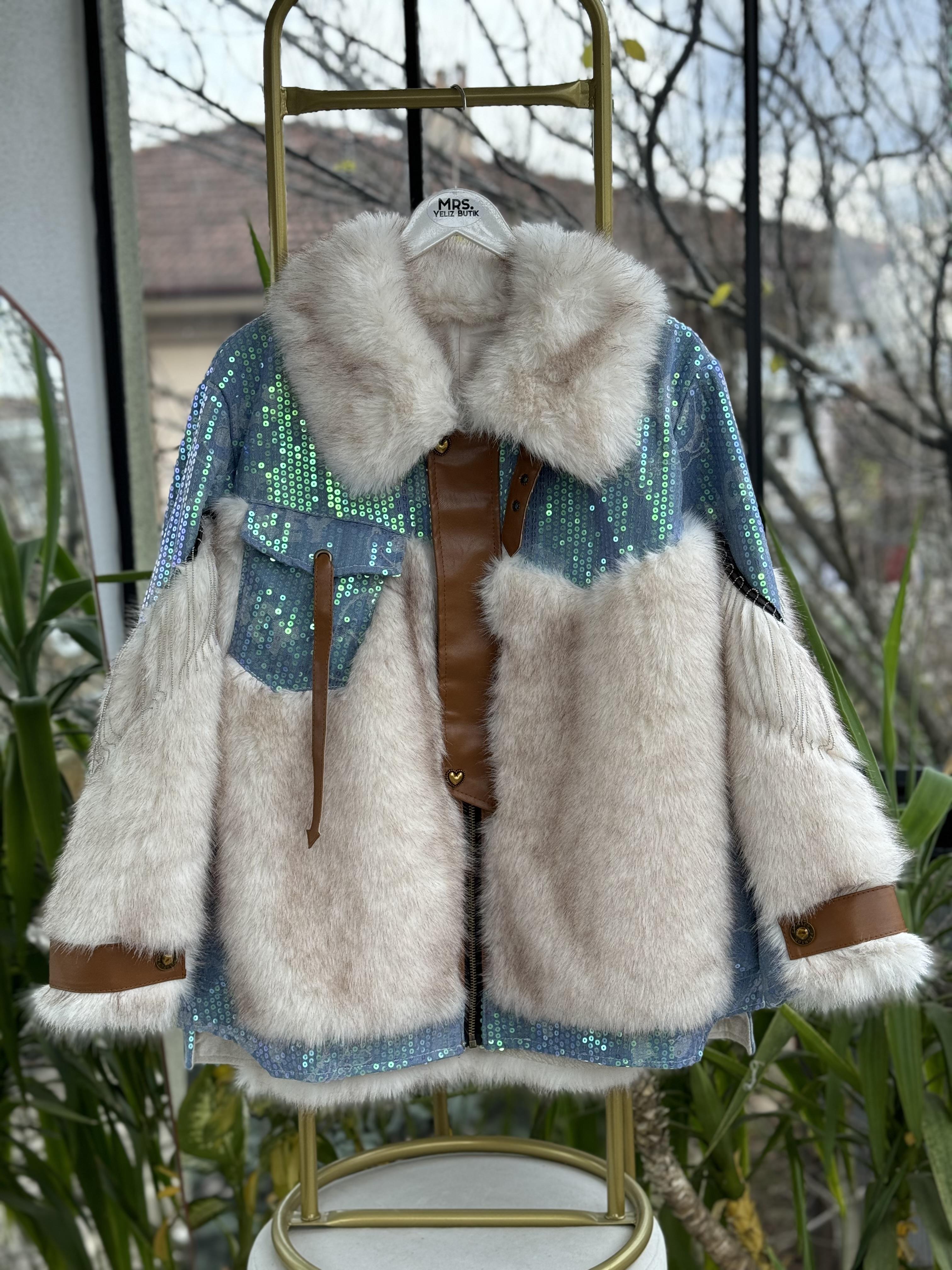 İthal Payetli Kürklü Deri Detaylı Mont Turkuaz