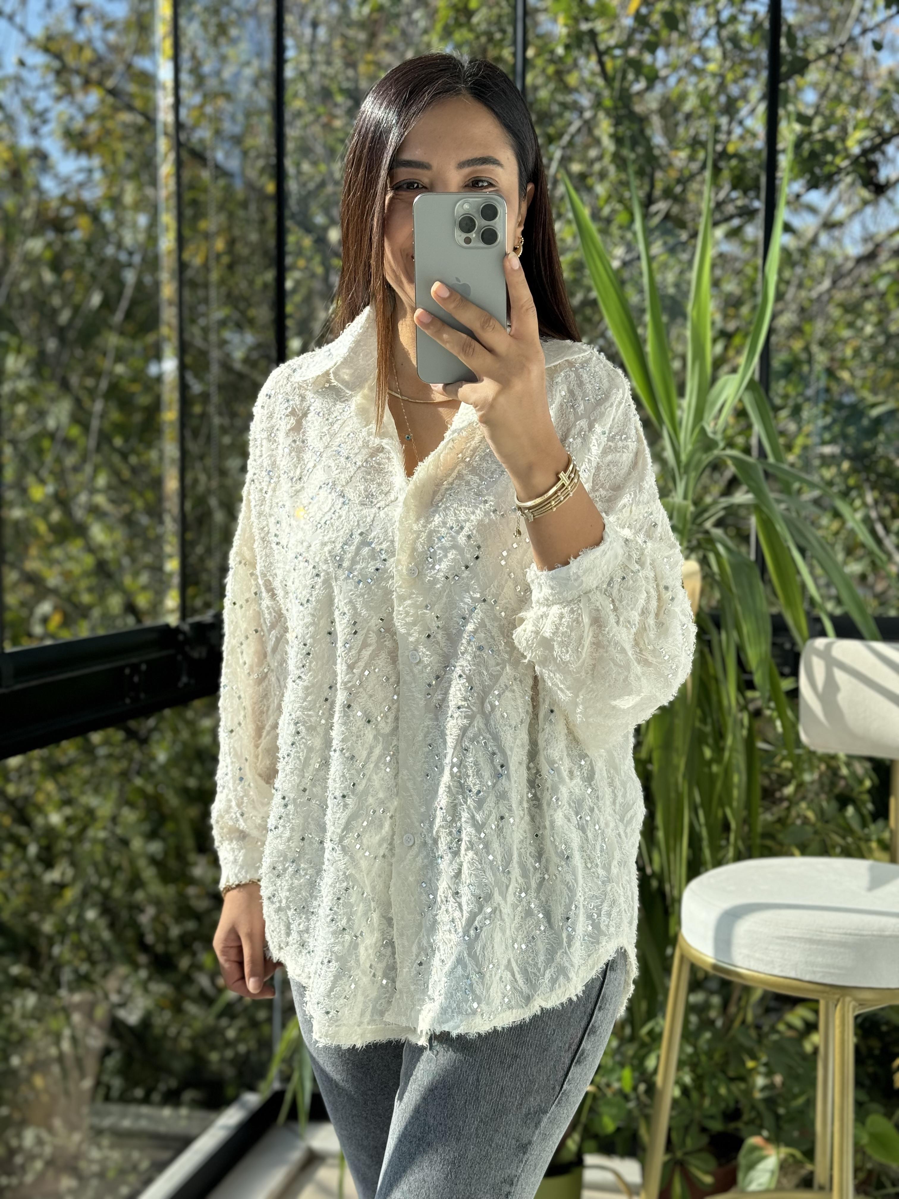 İthal Taşlı Sakallı Gömlek Krem