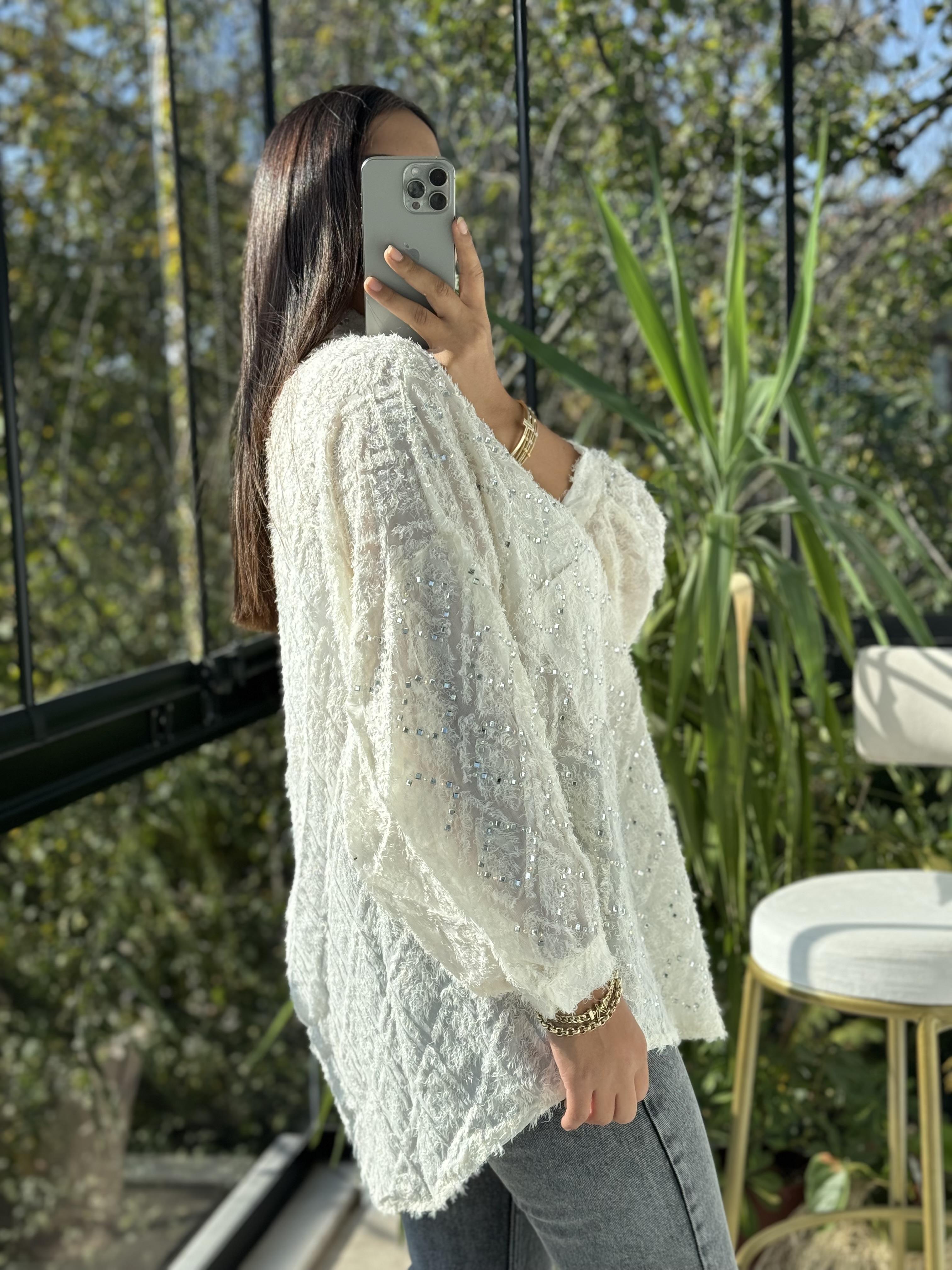 İthal Taşlı Sakallı Gömlek Krem