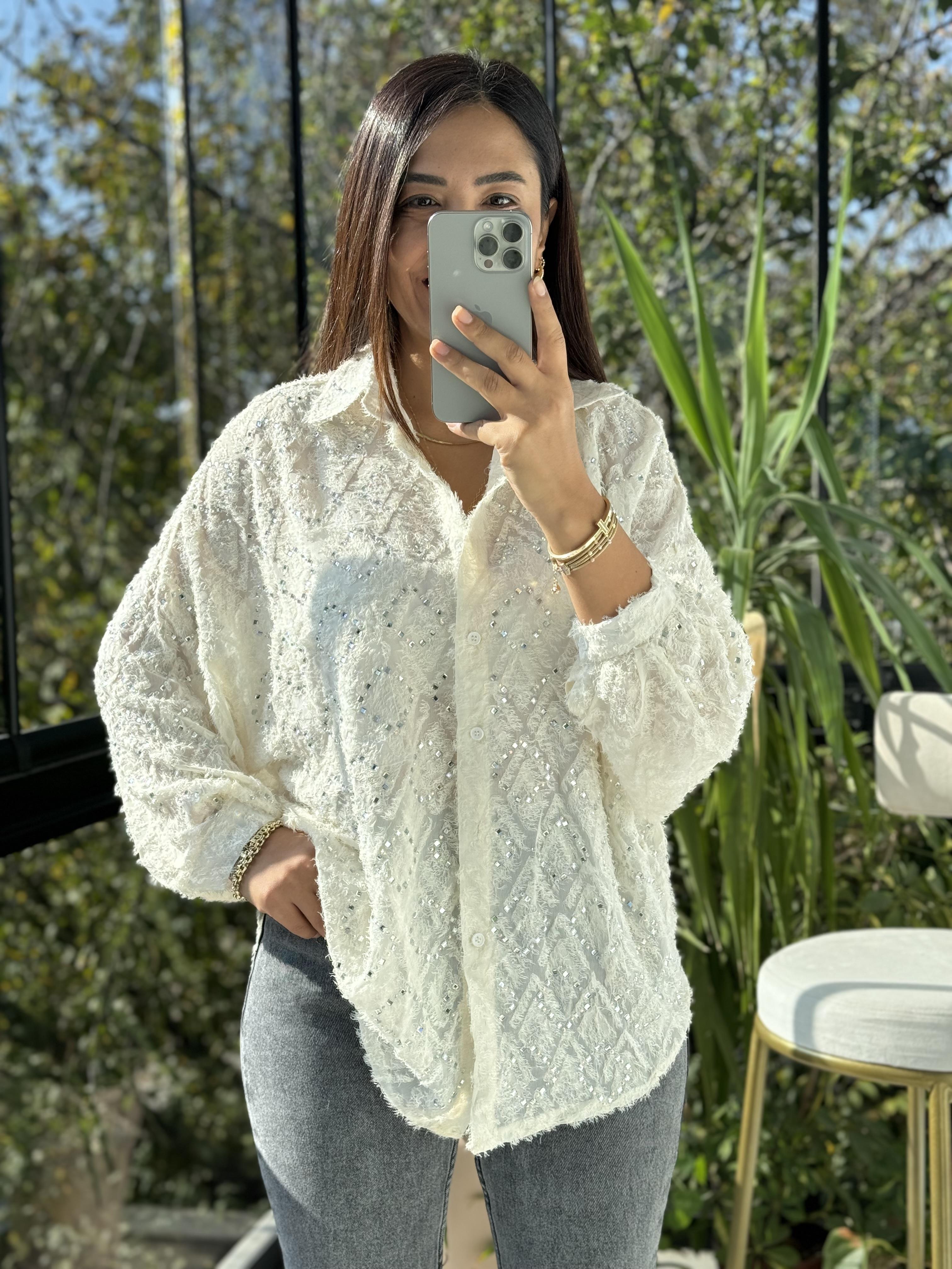 İthal Taşlı Sakallı Gömlek Krem