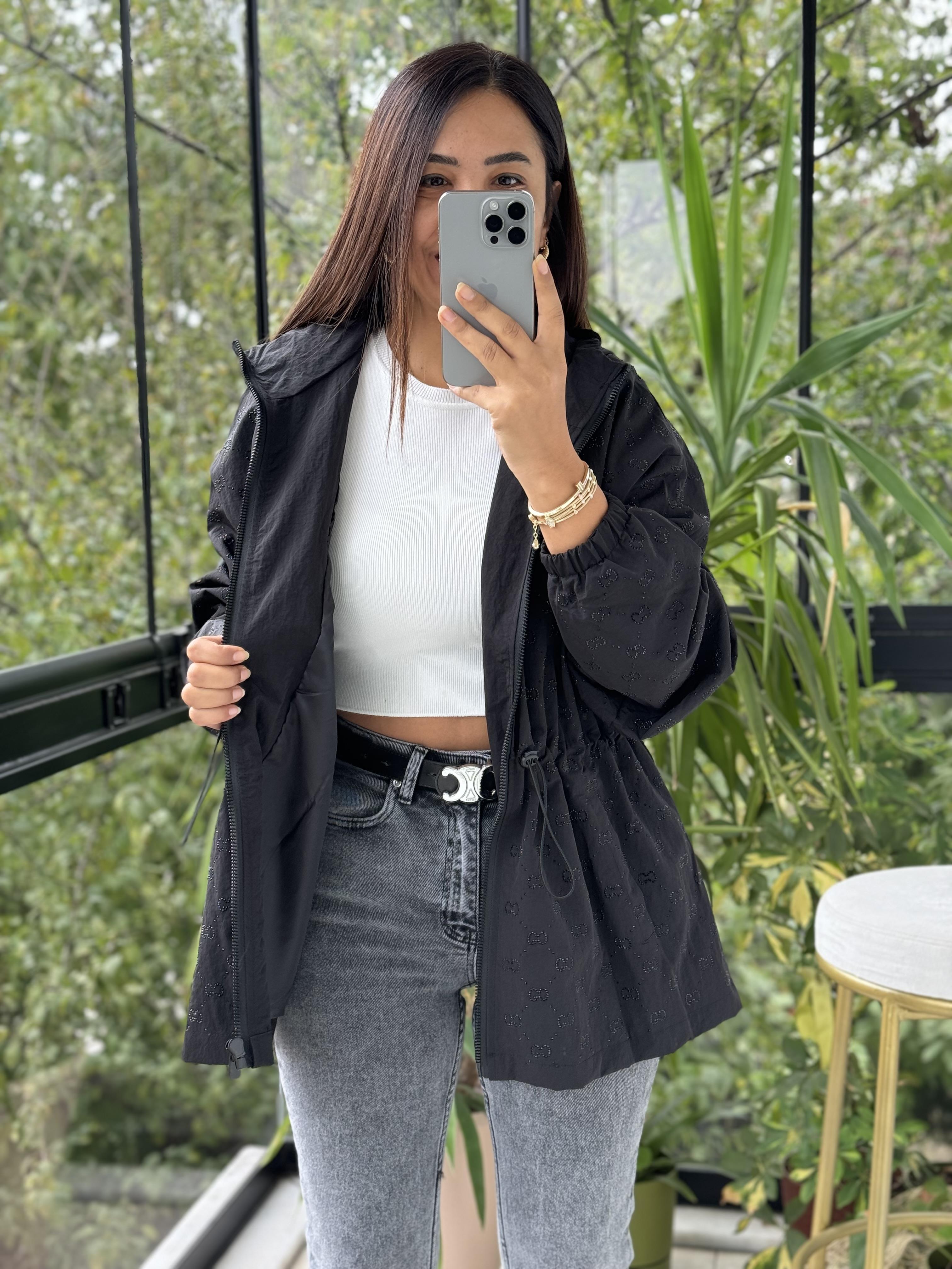 İthal Taşlı Trenç Uzun  Siyah