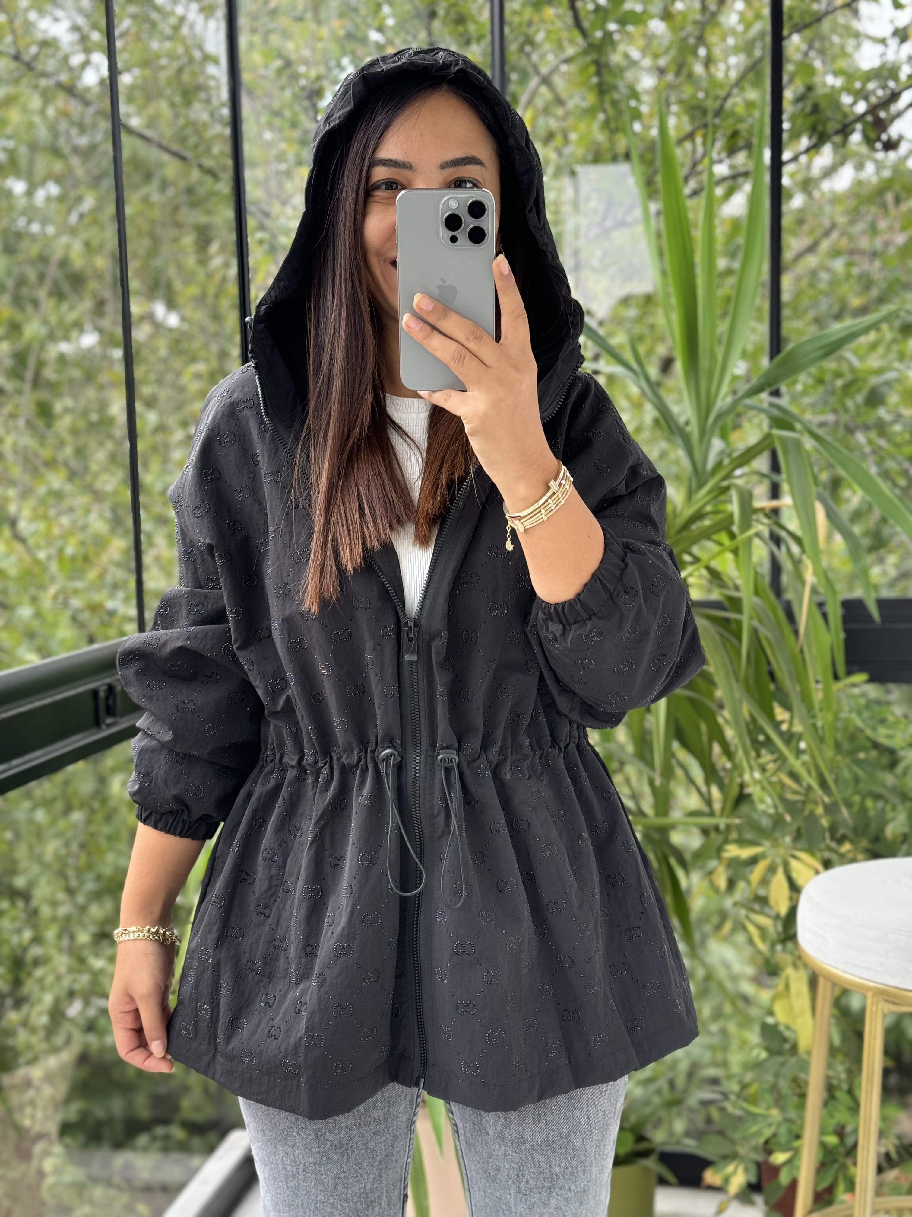 İthal Taşlı Trenç Uzun  Siyah