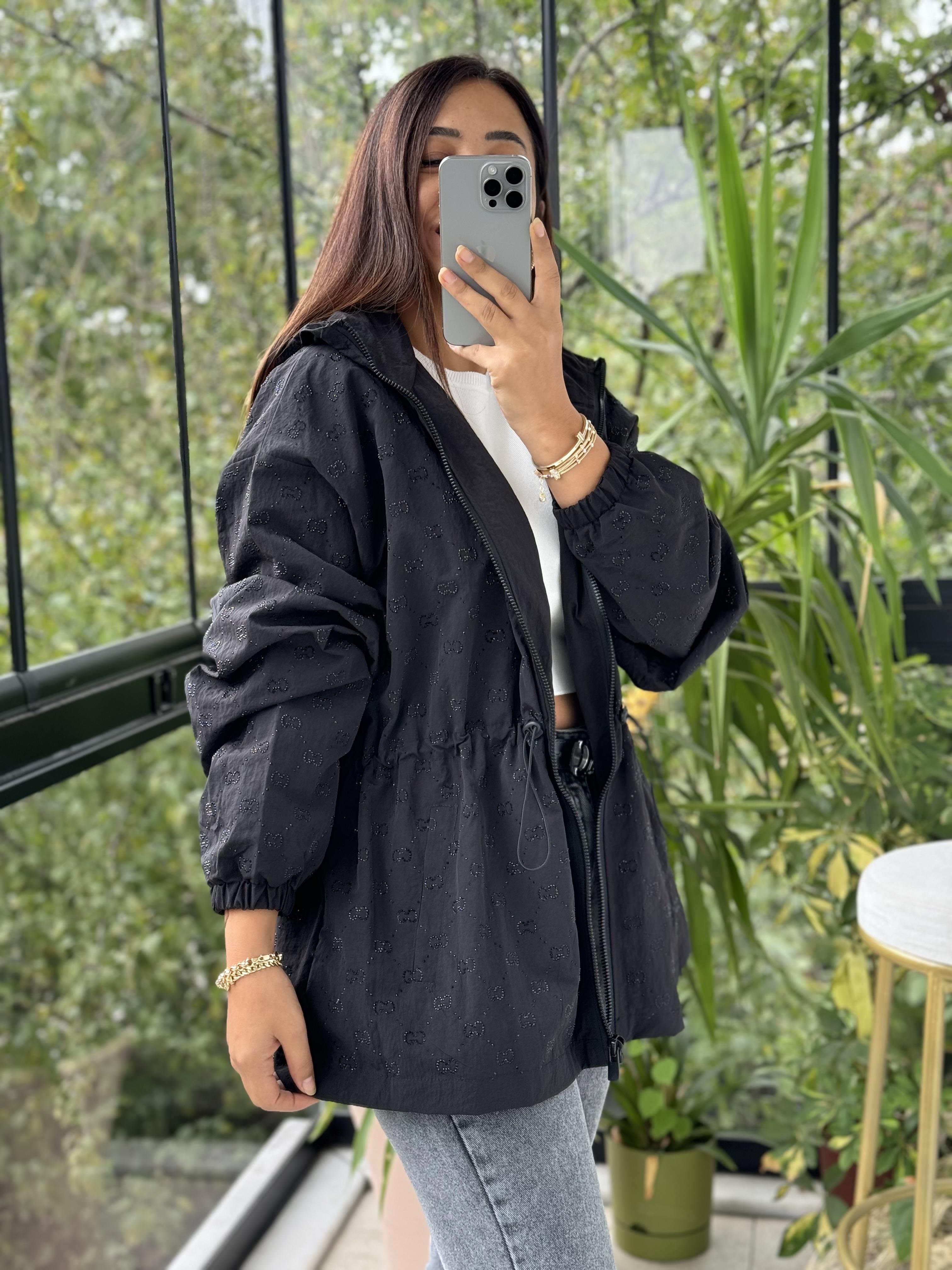 İthal Taşlı Trenç Uzun  Siyah