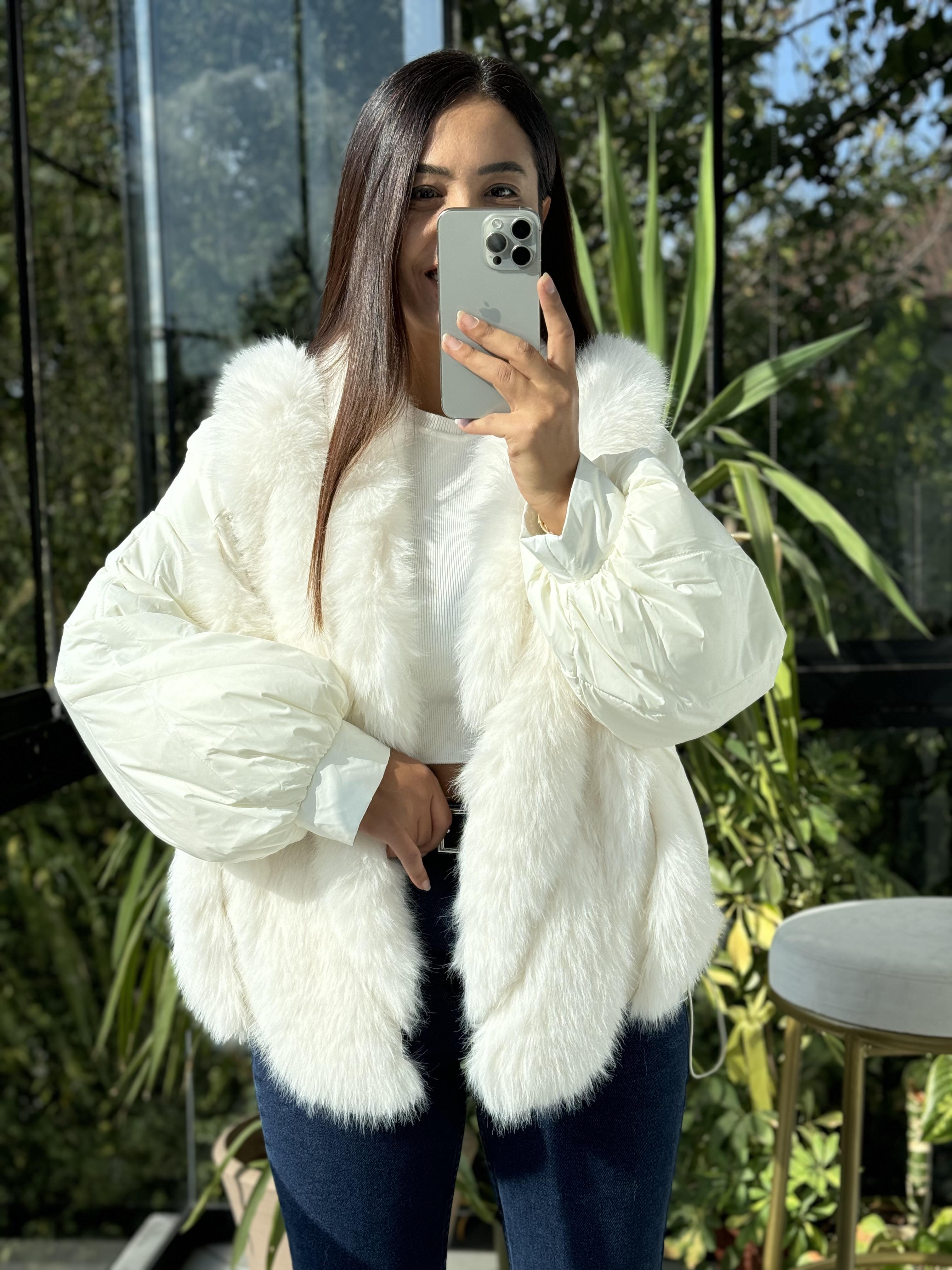 İthal Tüylü Mont Beyaz