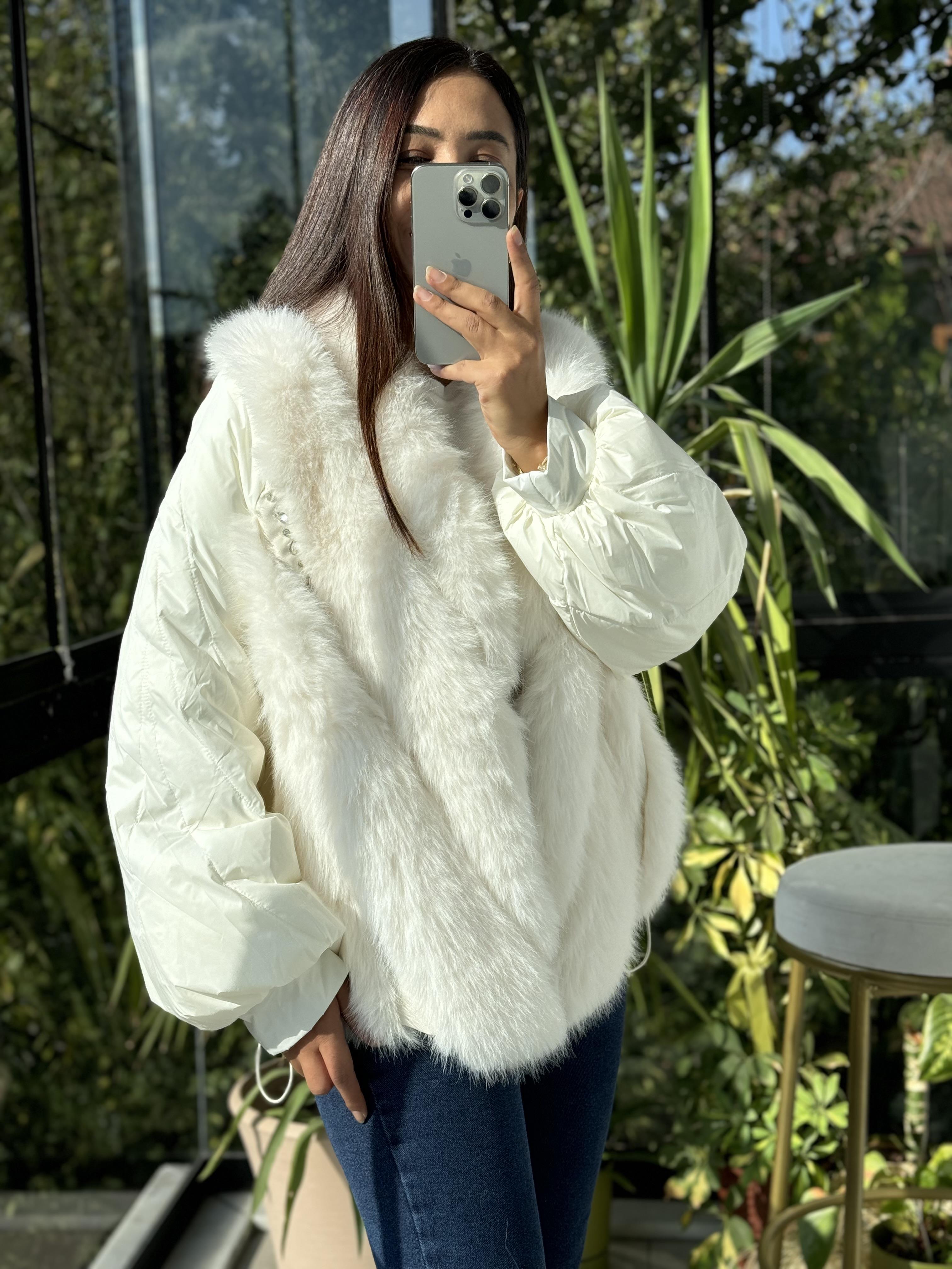 İthal Tüylü Mont Beyaz