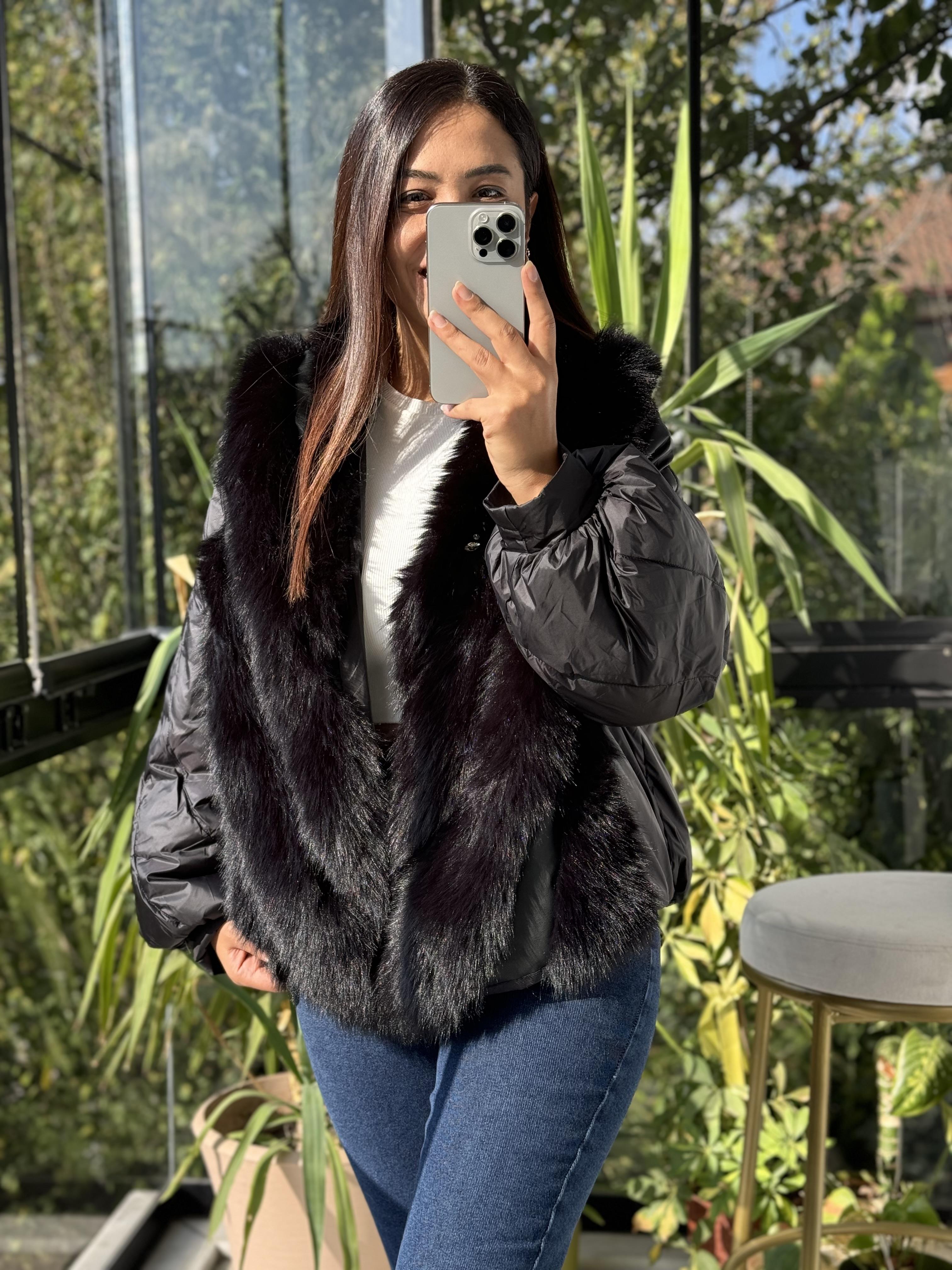 İthal Tüylü Mont Siyah