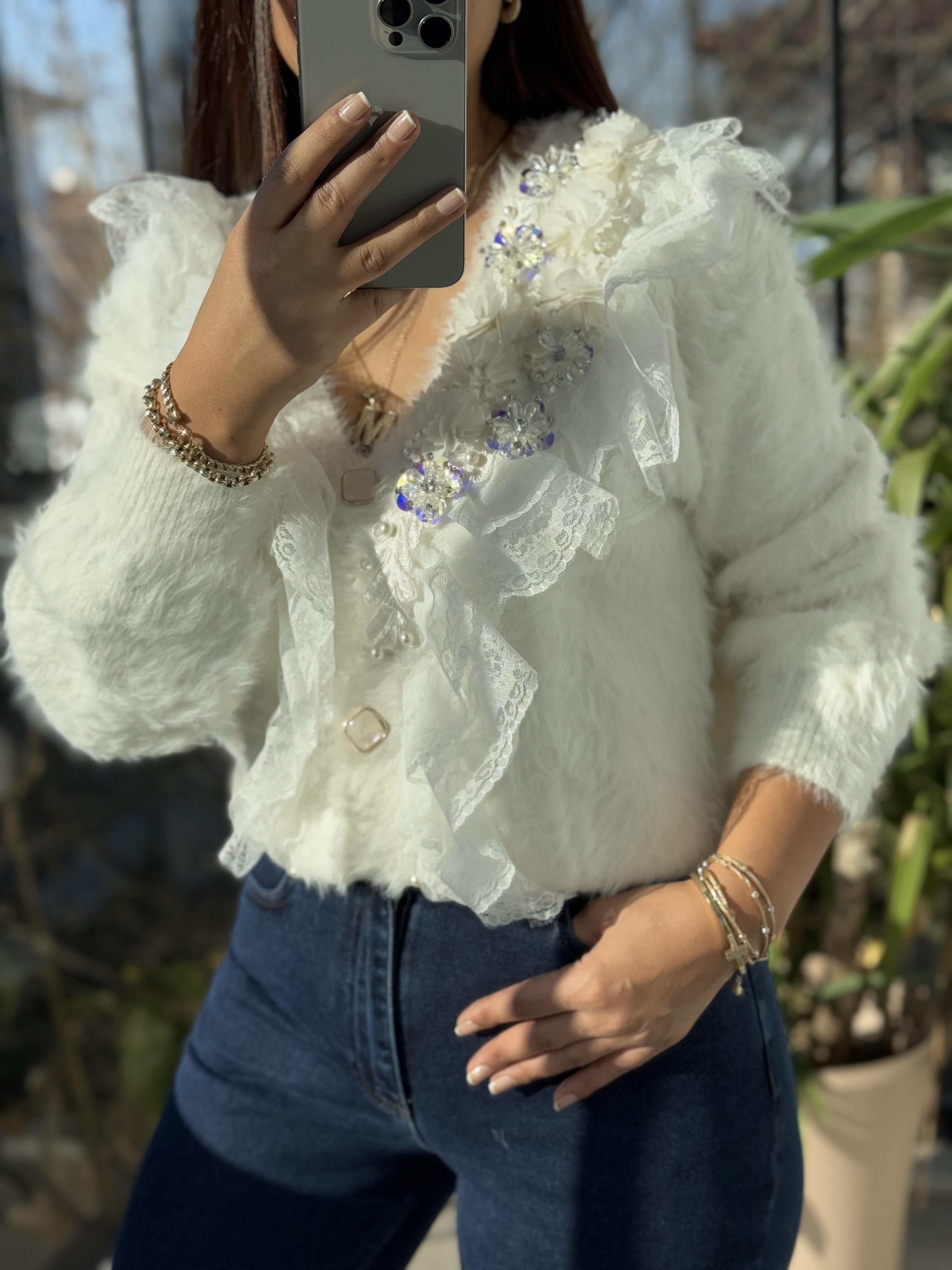 İthal Yarım Güllü İncili Hırka Beyaz