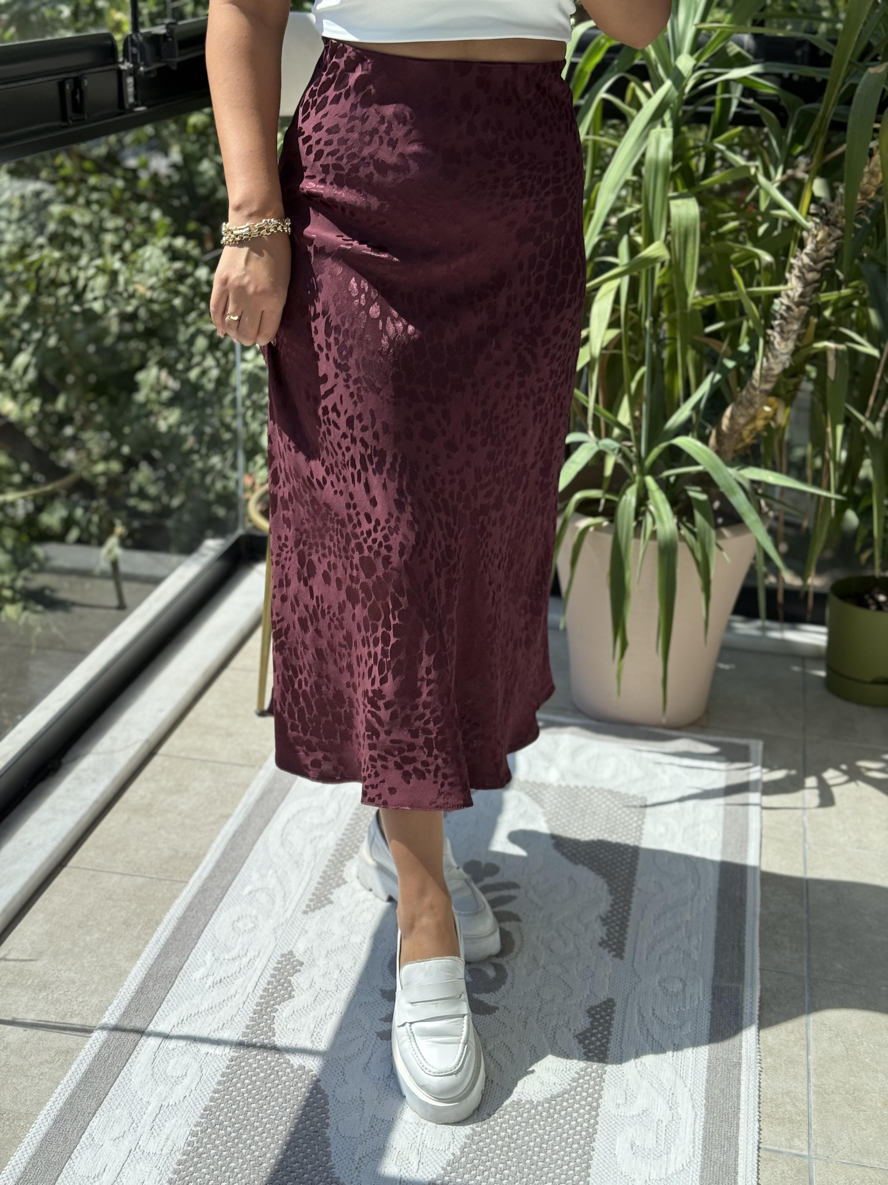 Jakarlı Saten Etek Mürdüm