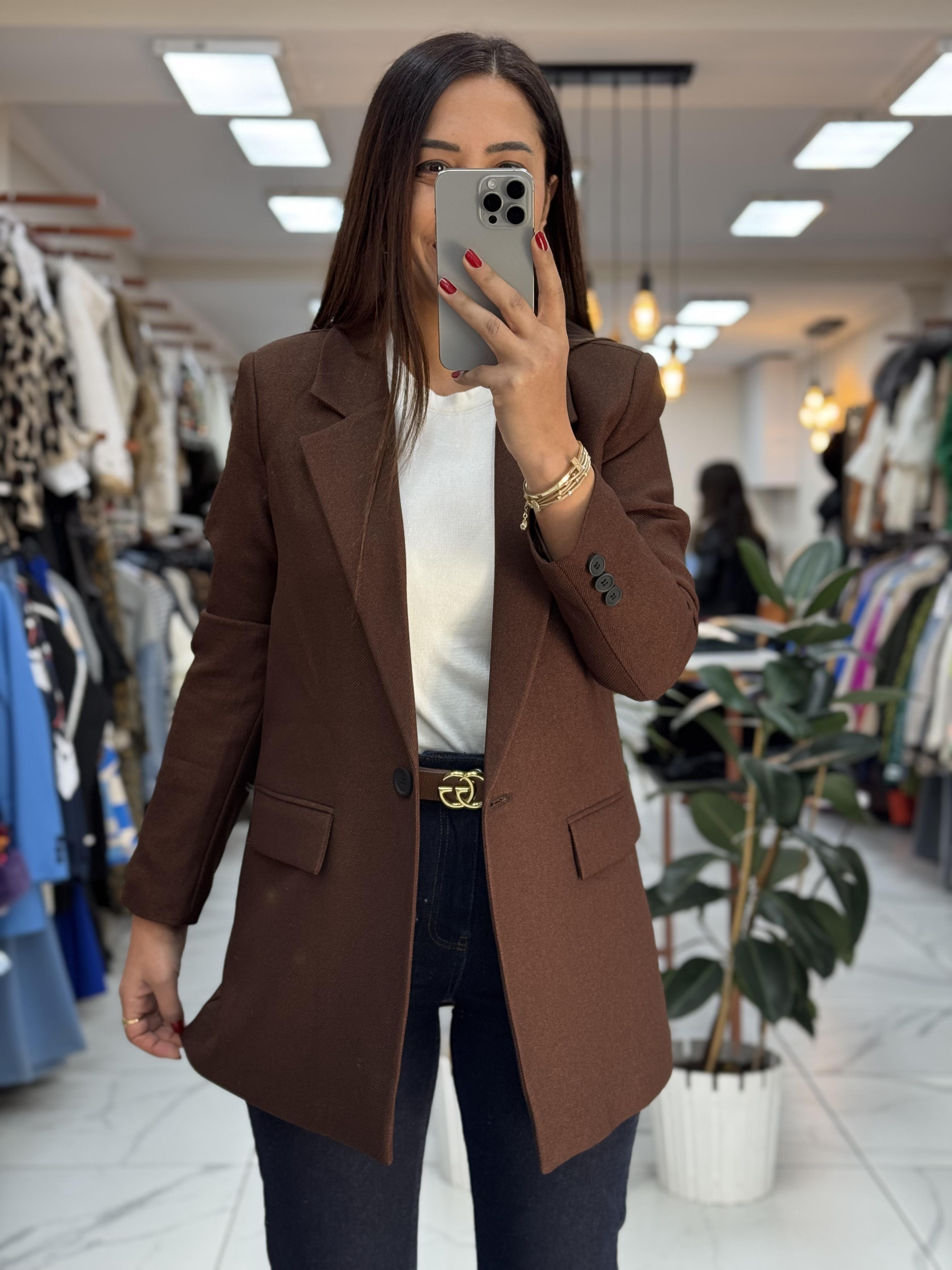 Yün Efekt Kumaş Blazer Ceket Kahve 