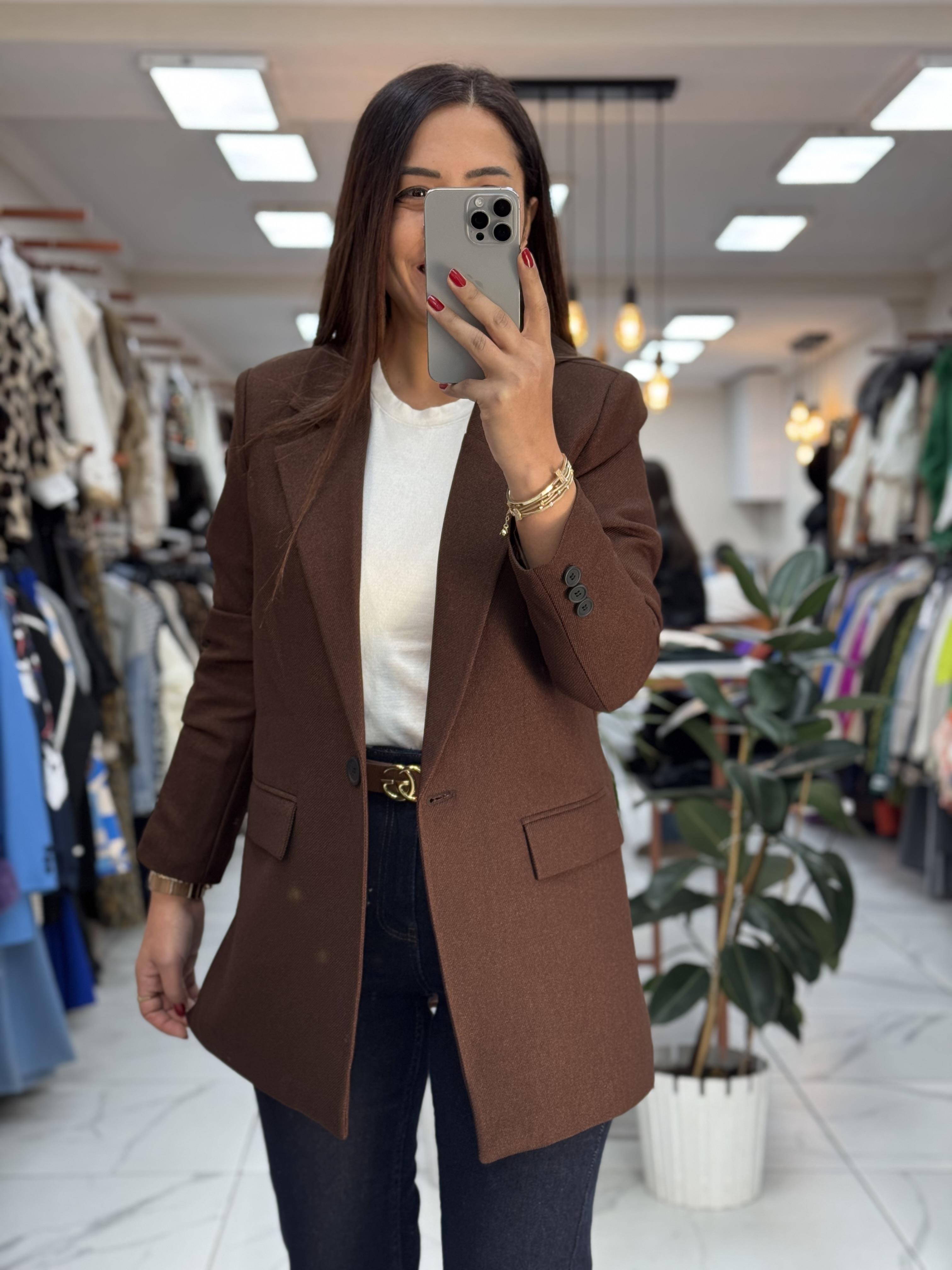 Yün Efekt Kumaş Blazer Ceket Kahve 