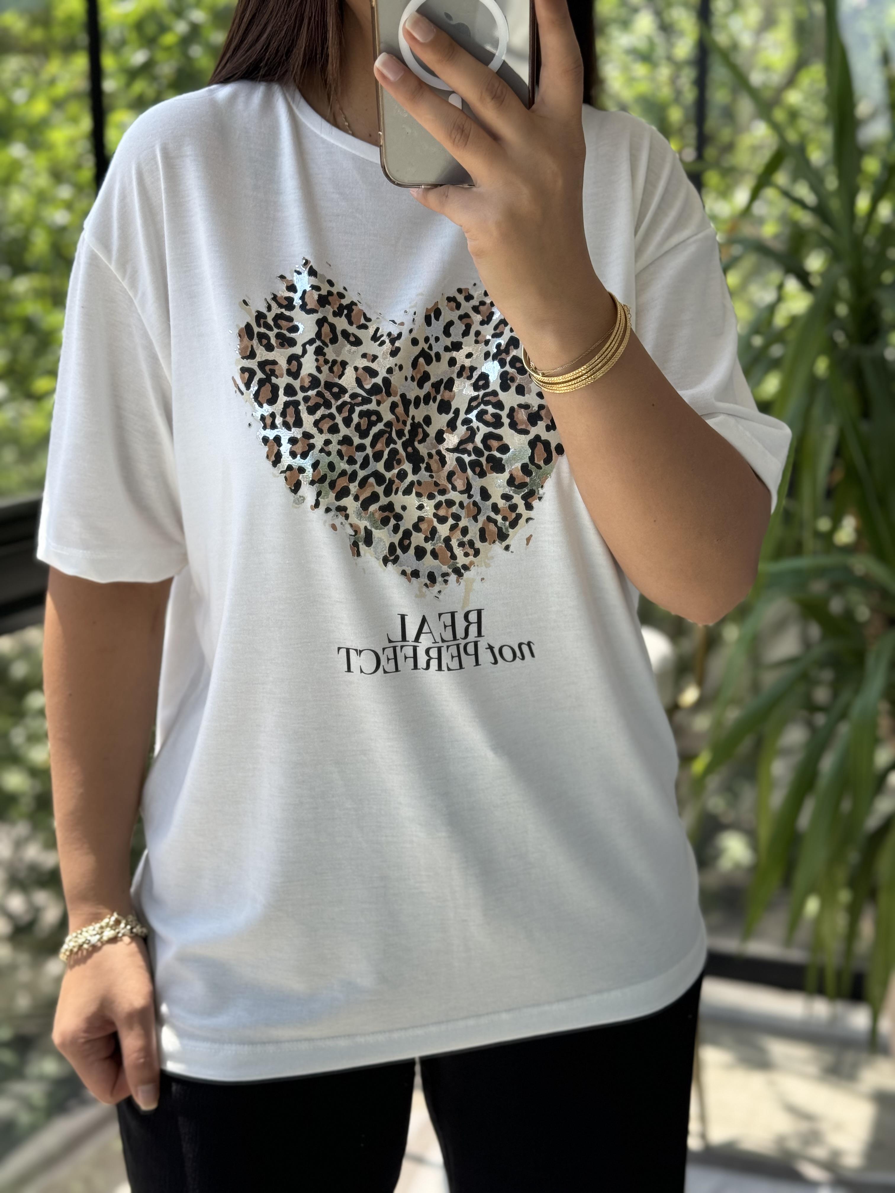 Kalpli Leopar Tişört Ekru