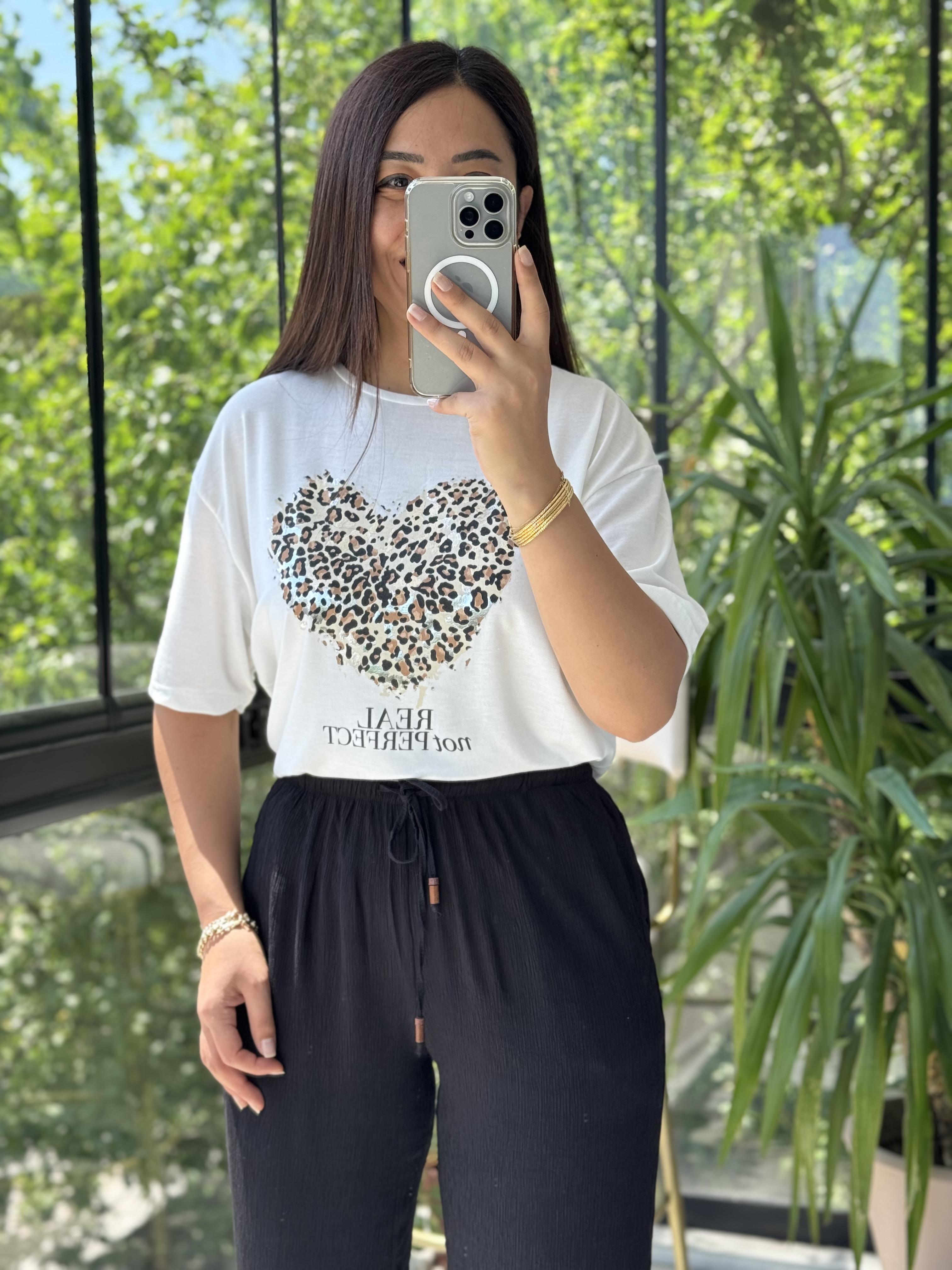 Kalpli Leopar Tişört Ekru