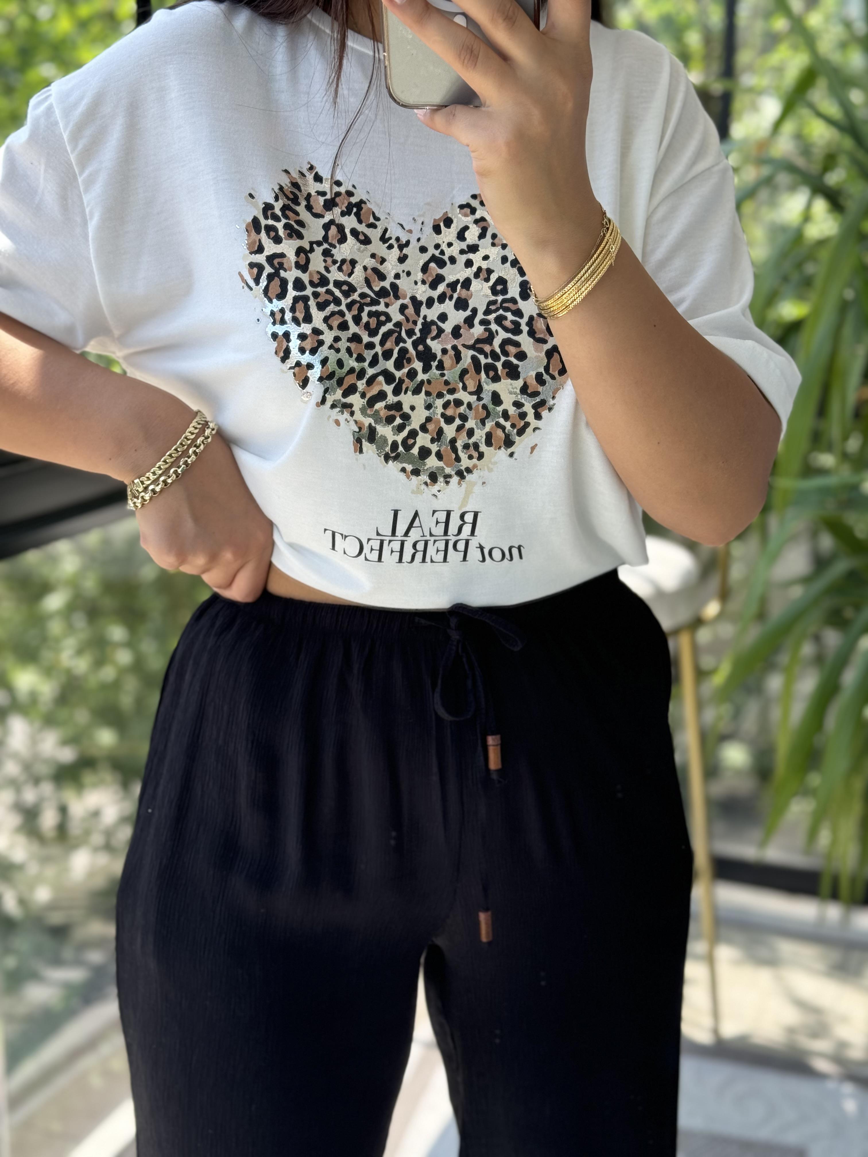 Kalpli Leopar Tişört Ekru