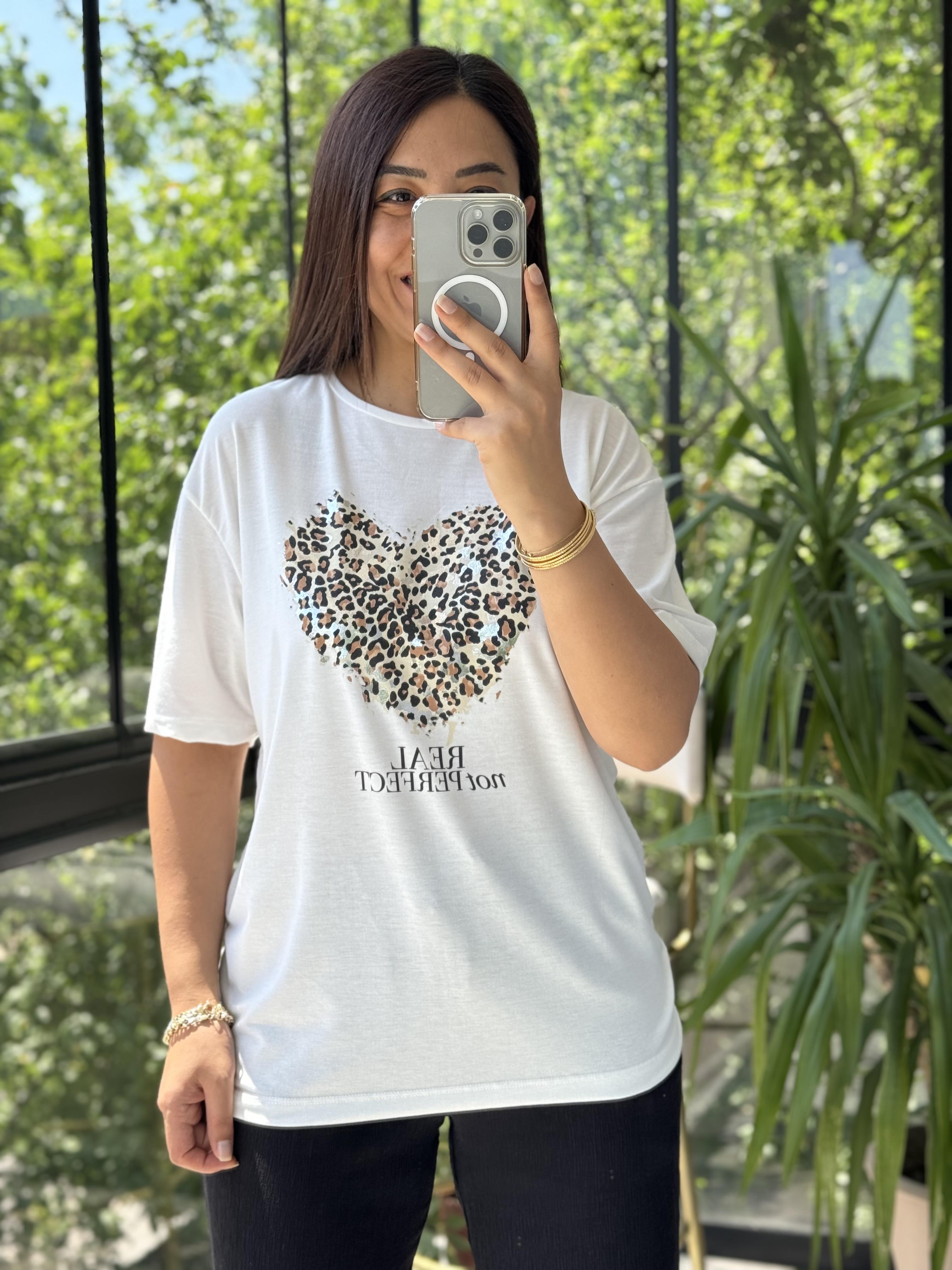 Kalpli Leopar Tişört Ekru