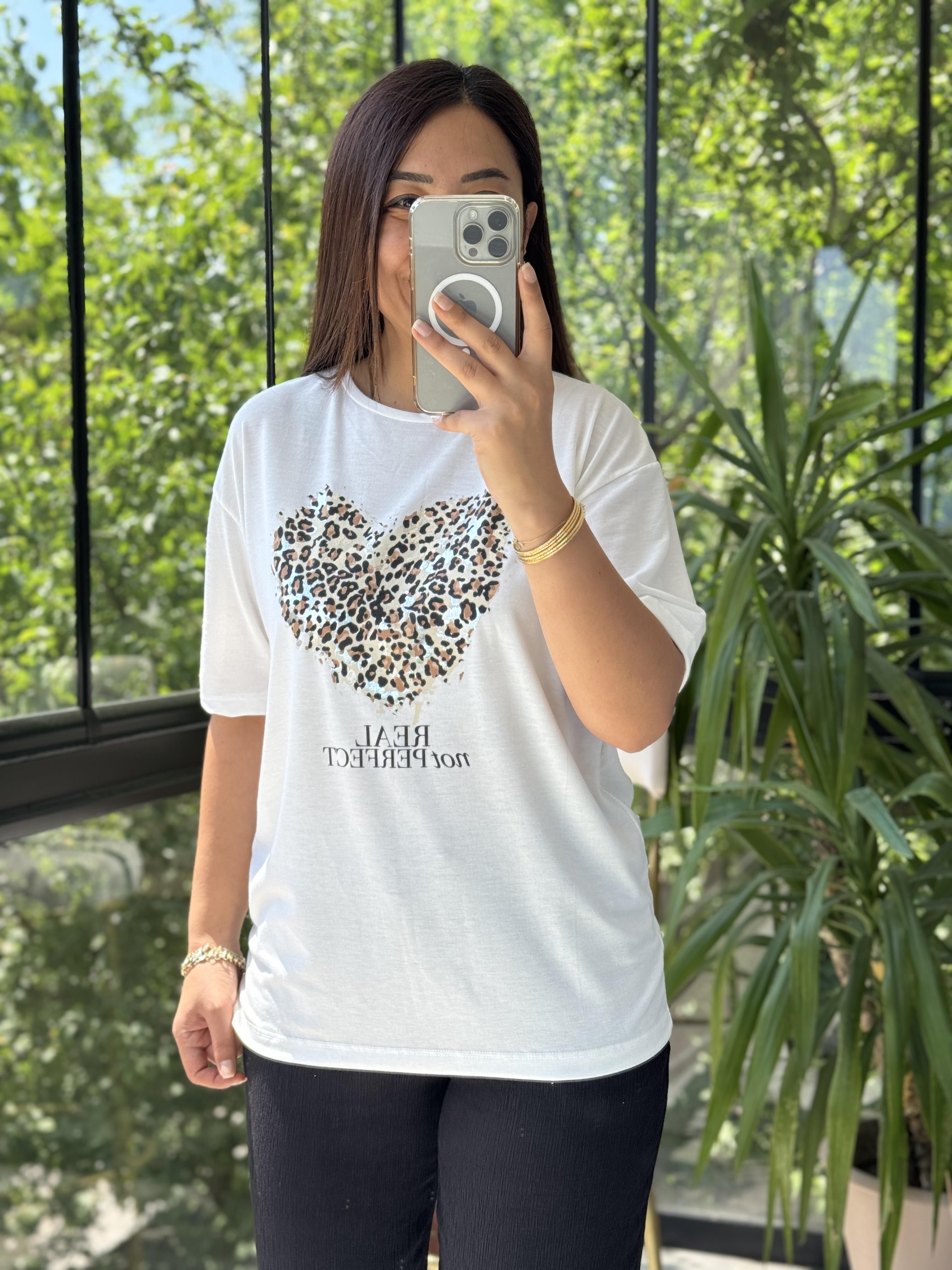 Kalpli Leopar Tişört Ekru