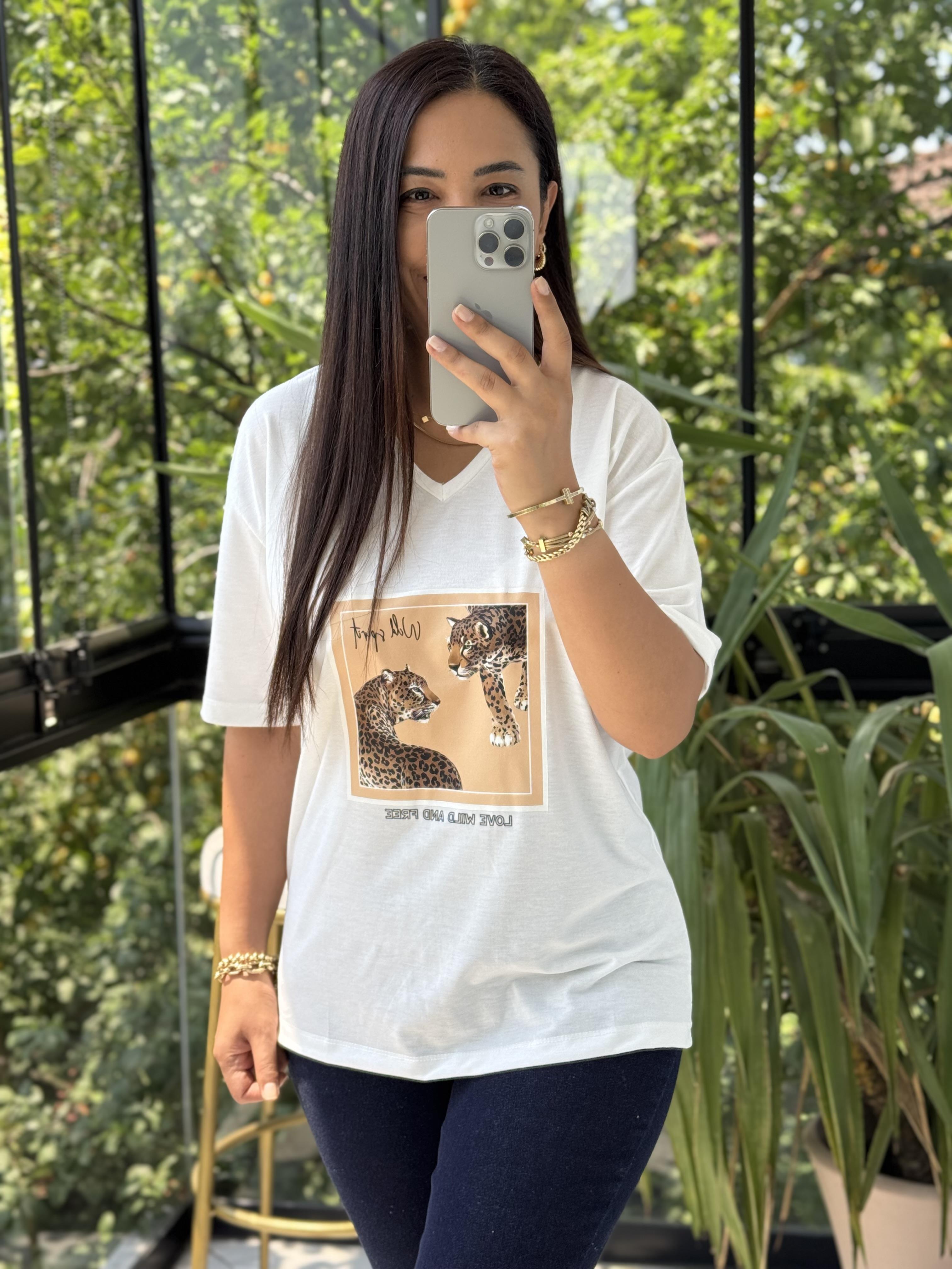 Kaplan Baskılı Tişört Ekru