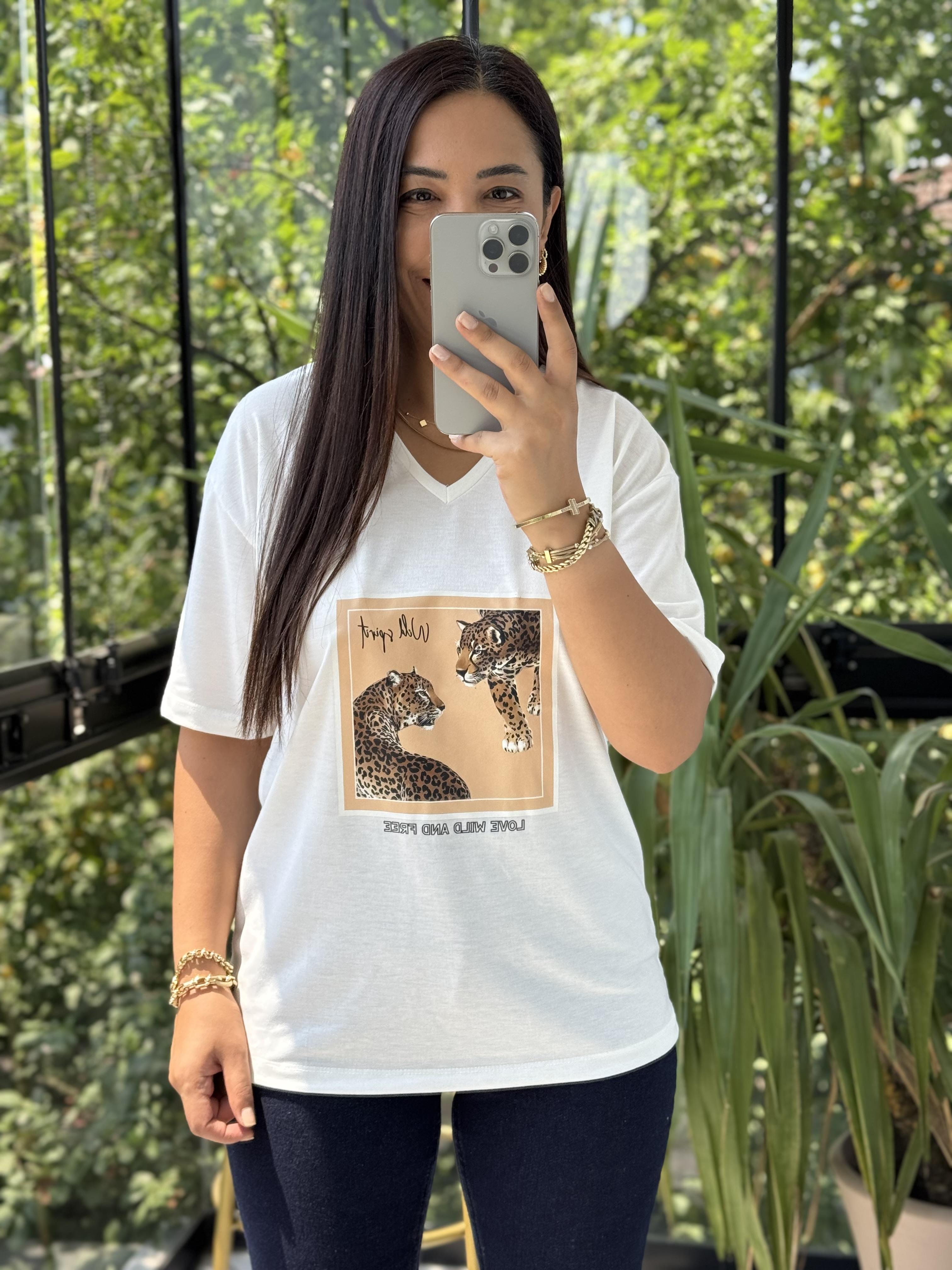 Kaplan Baskılı Tişört Ekru