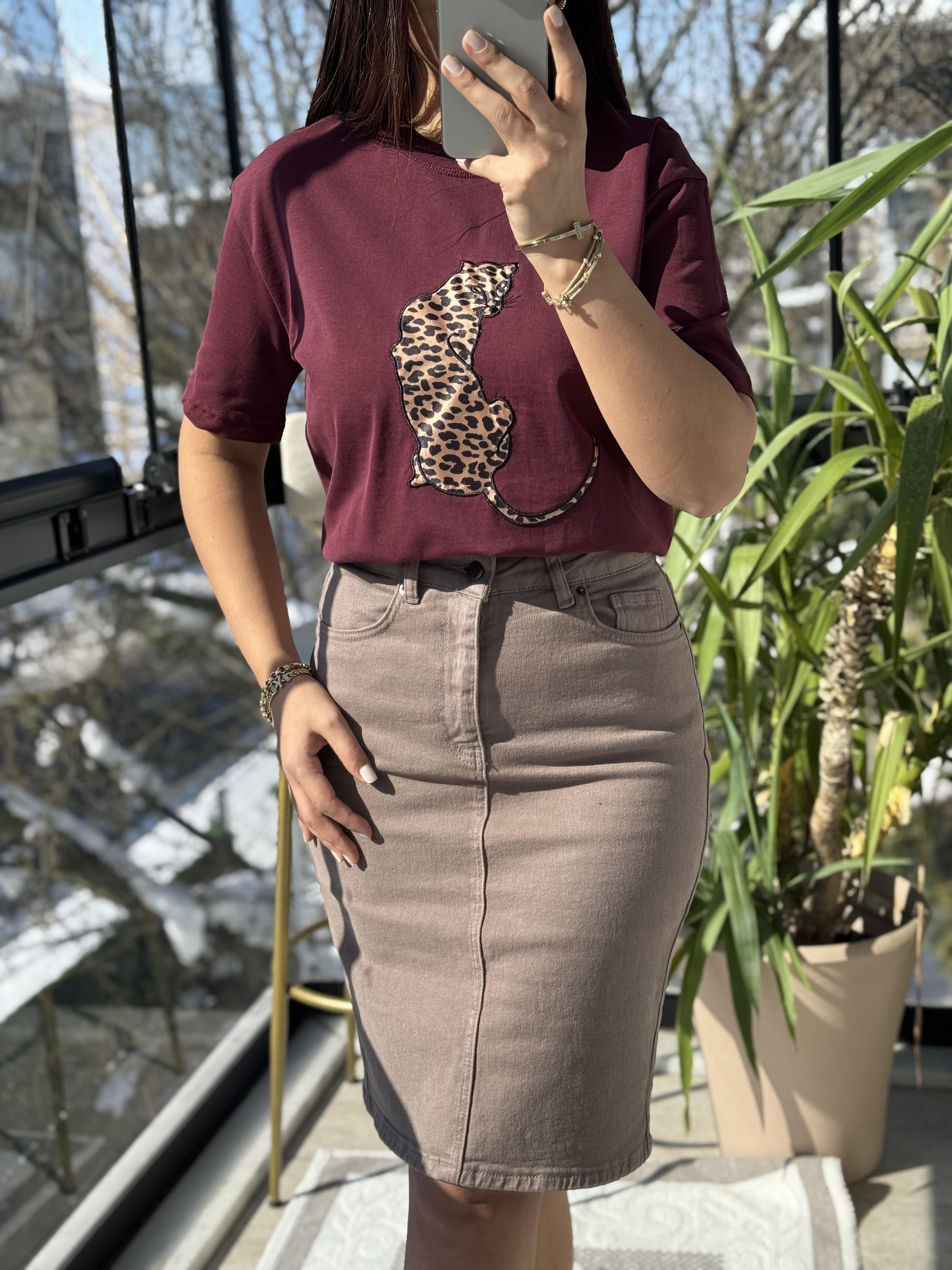 Kaplanlı Pamuklu Tişört Bordo