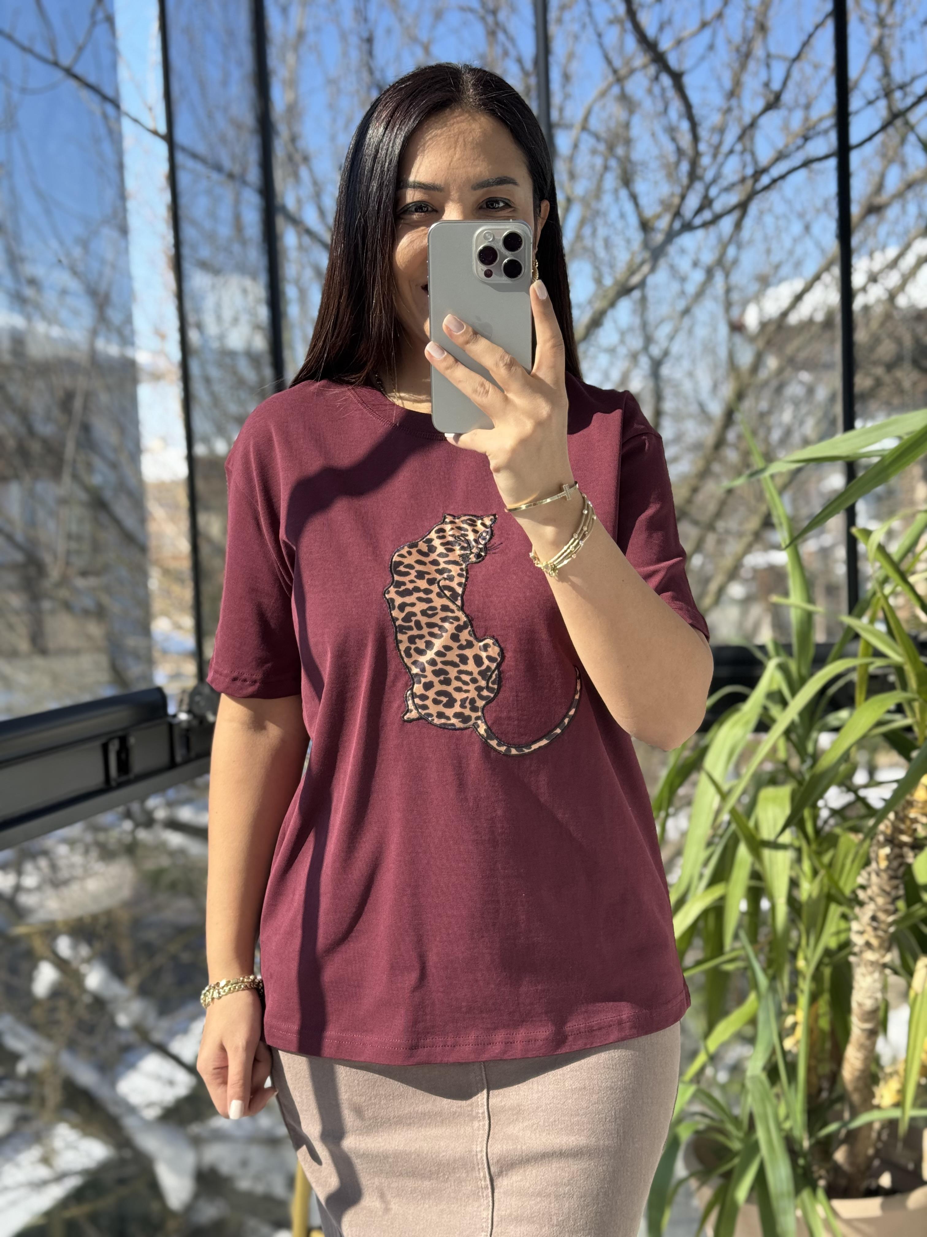 Kaplanlı Pamuklu Tişört Bordo