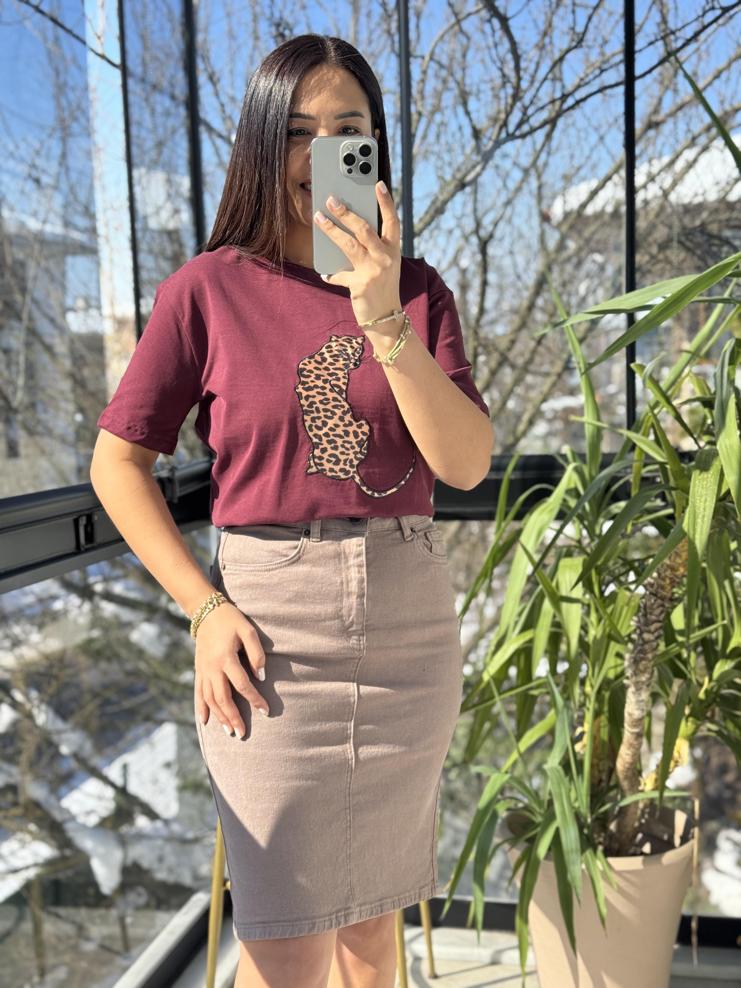 Kaplanlı Pamuklu Tişört Bordo