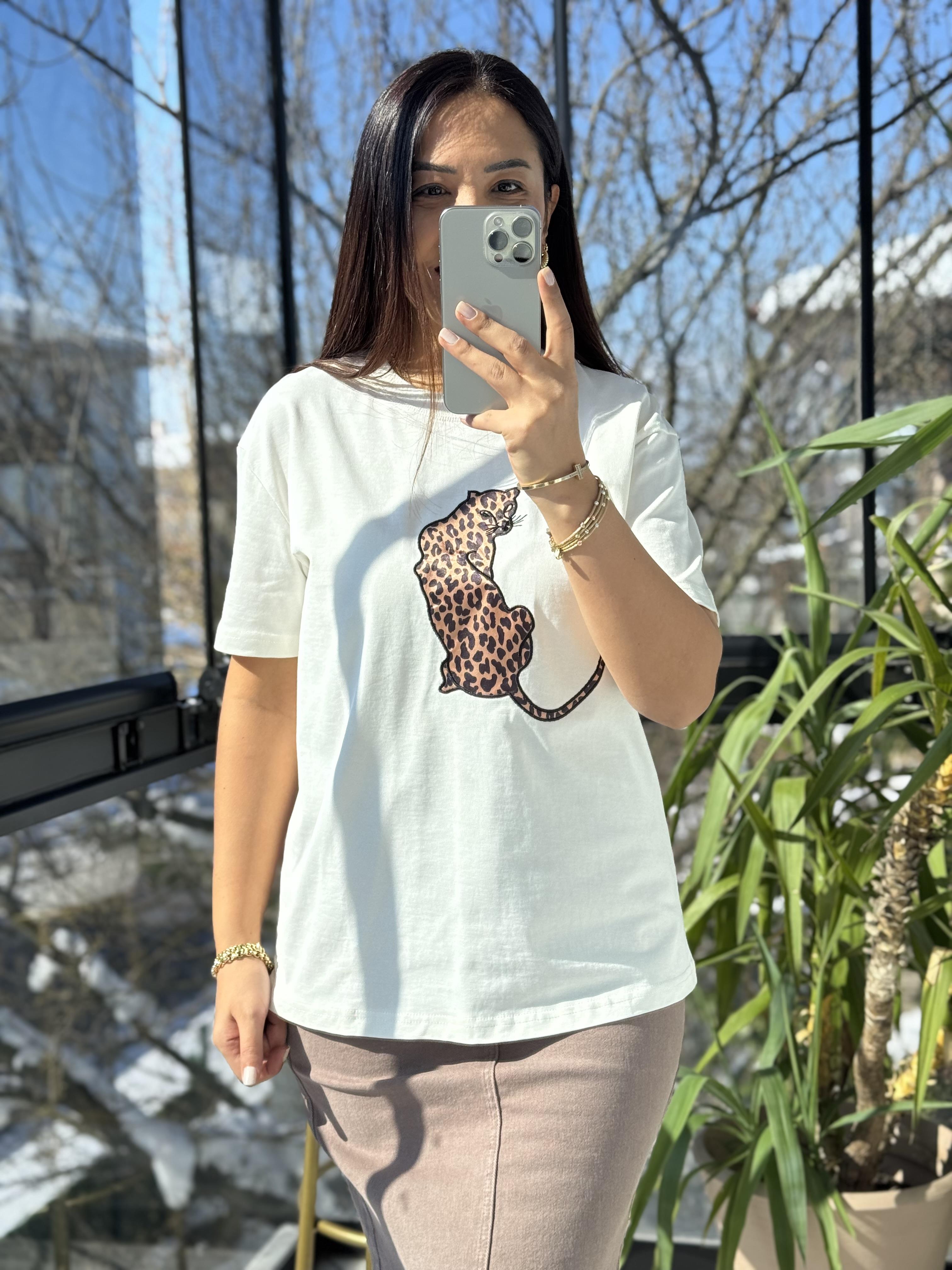 Kaplanlı Pamuklu Tişört Ekru