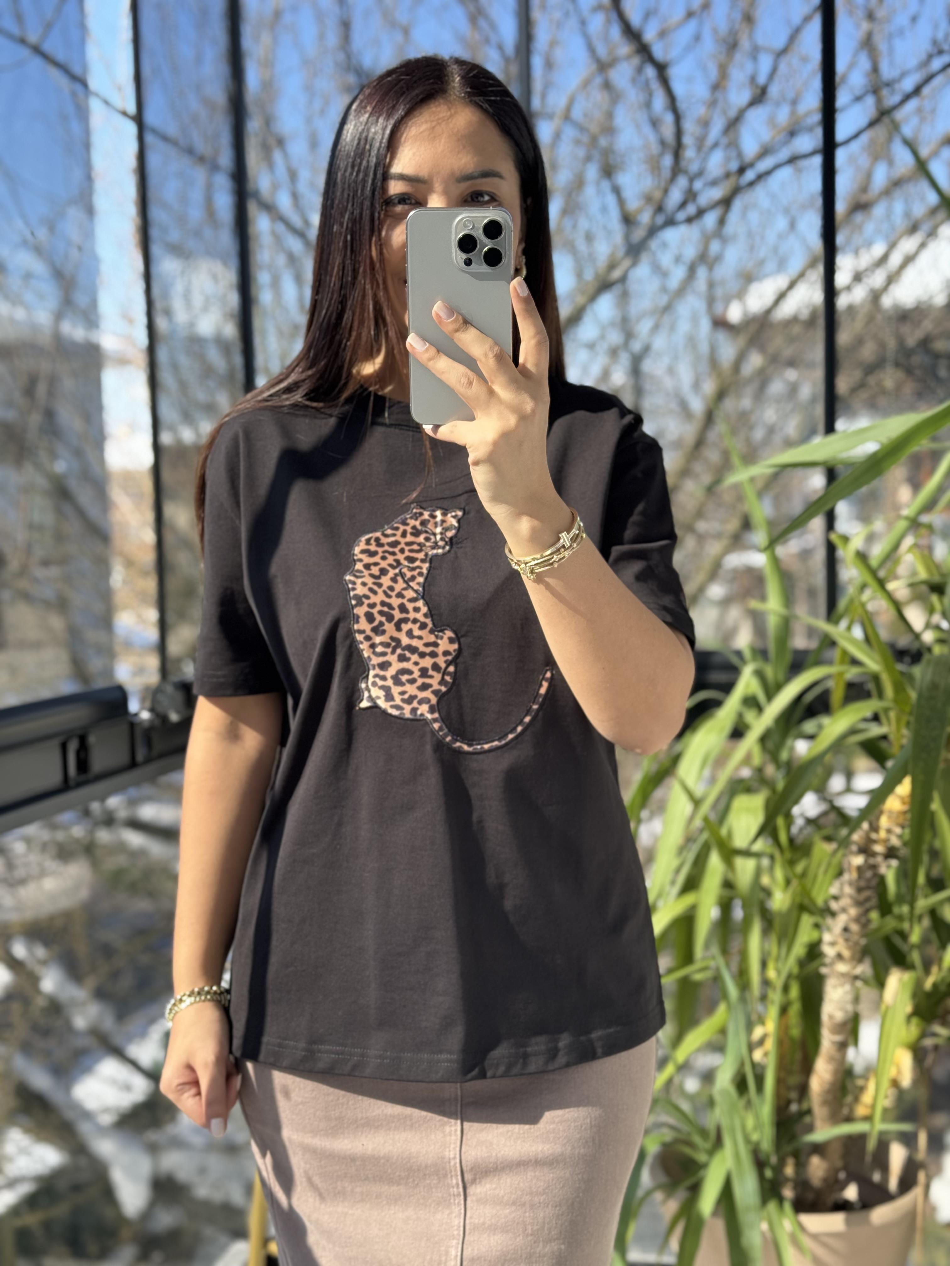 Kaplanlı Pamuklu Tişört Siyah