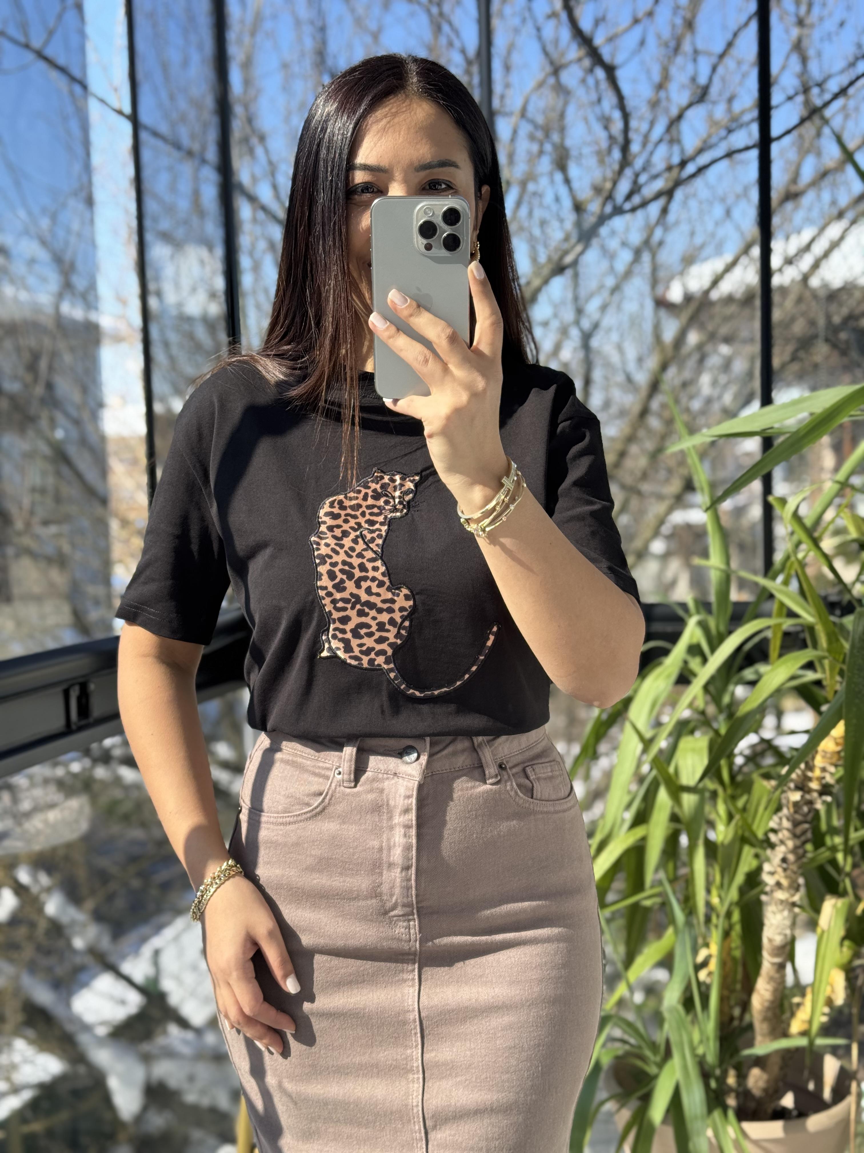 Kaplanlı Pamuklu Tişört Siyah