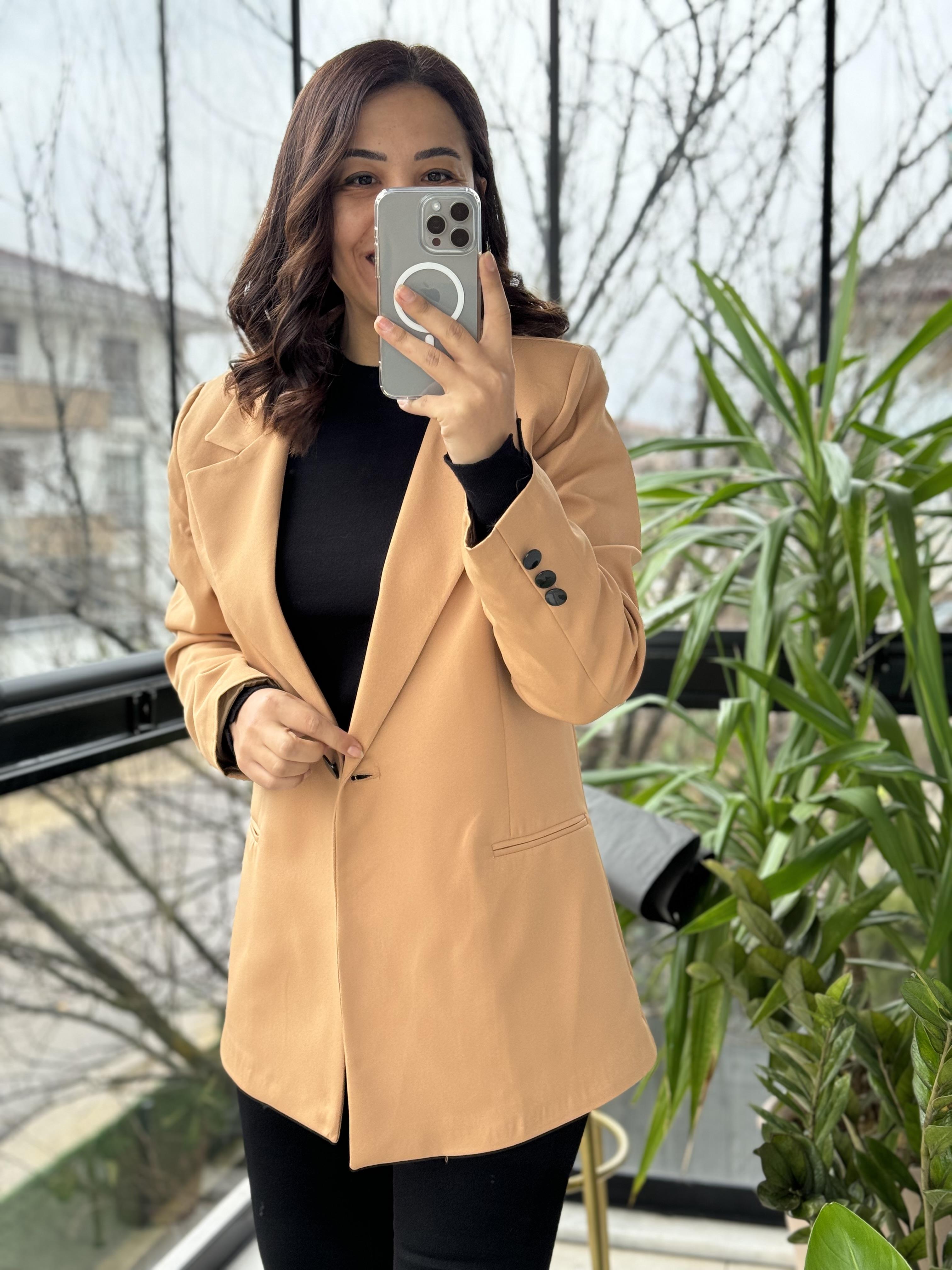 Karamel Tek Düğme Slimfit Blazer Ceket