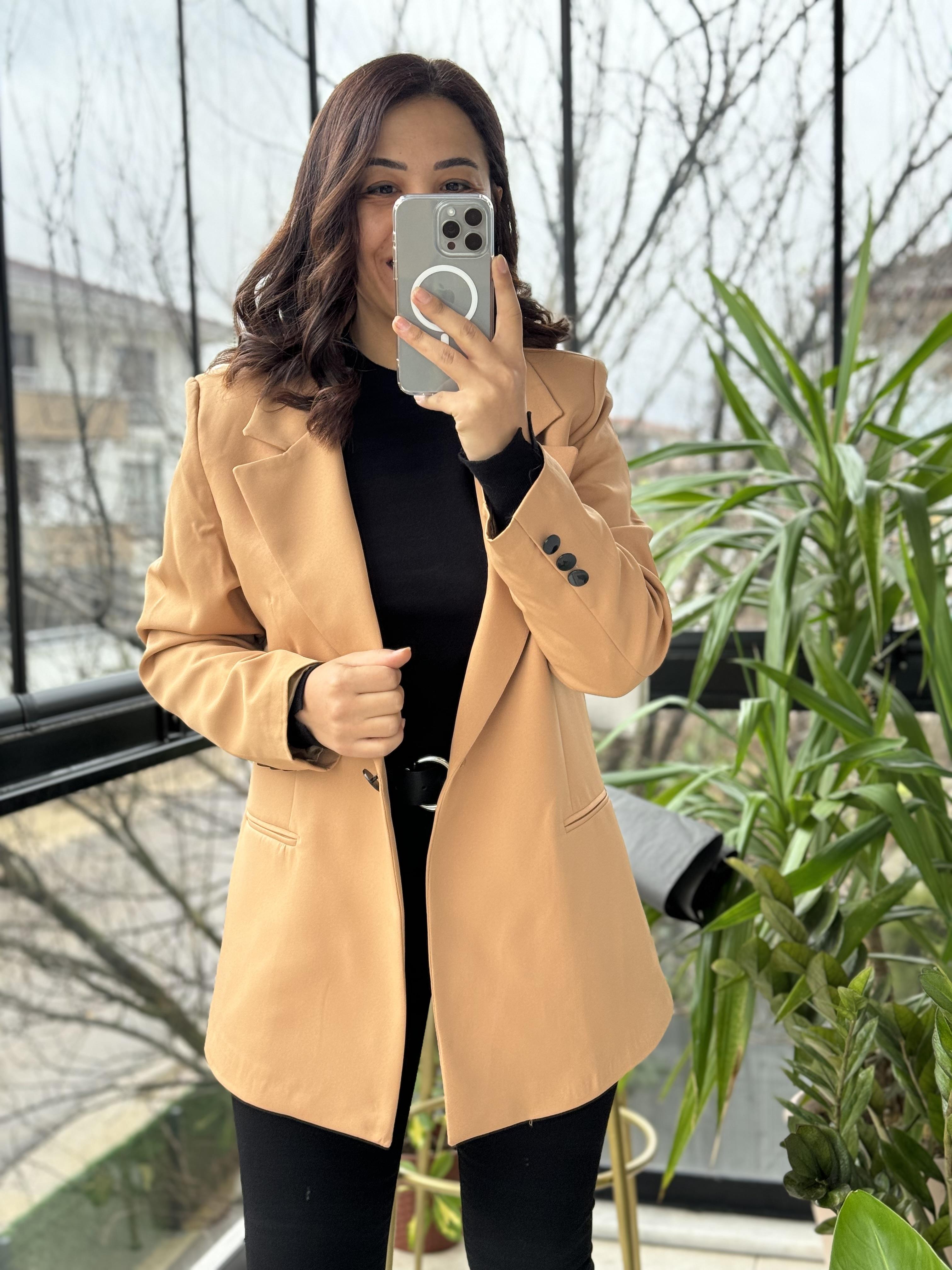 Karamel Tek Düğme Slimfit Blazer Ceket