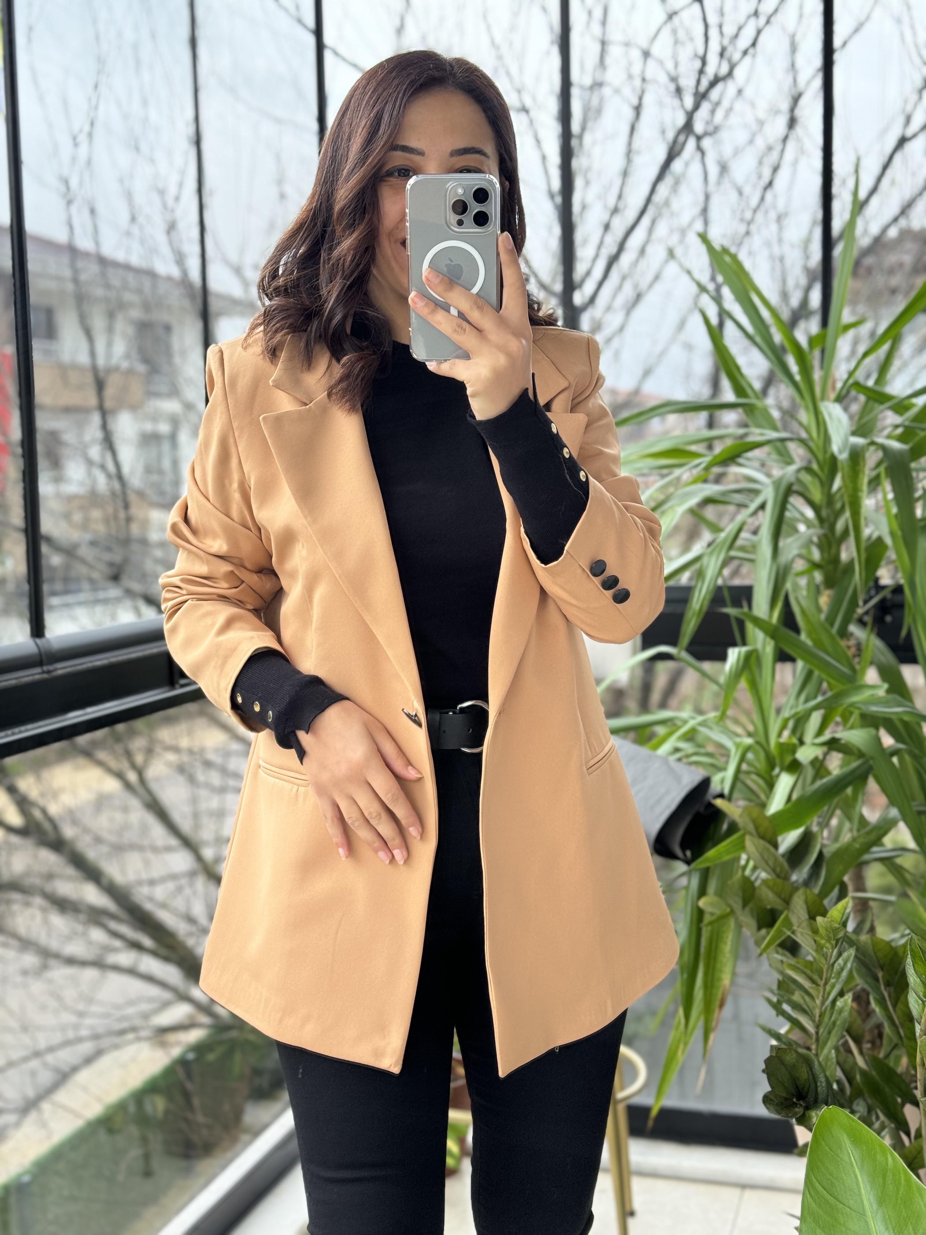 Karamel Tek Düğme Slimfit Blazer Ceket